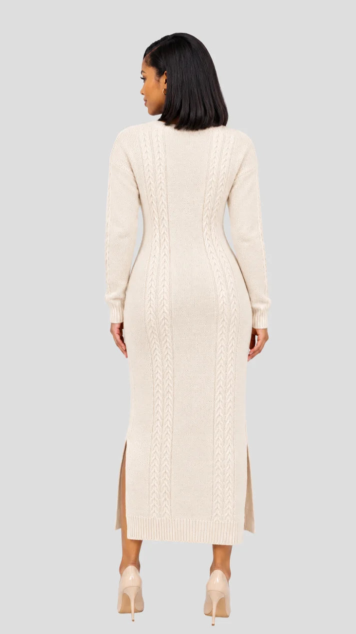 The Frenzy Cable Knit Sweater Midi Dress- Cream — view 3