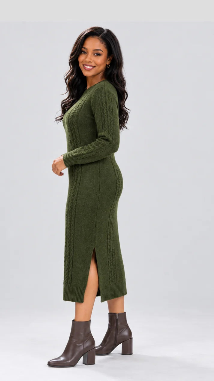 The Frenzy Cable Knit Sweater Midi Dress - Green — view 2