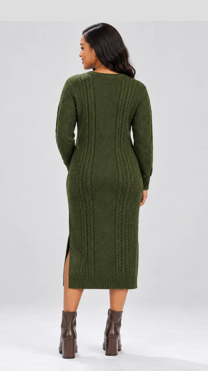 The Frenzy Cable Knit Sweater Midi Dress - Green — view 3