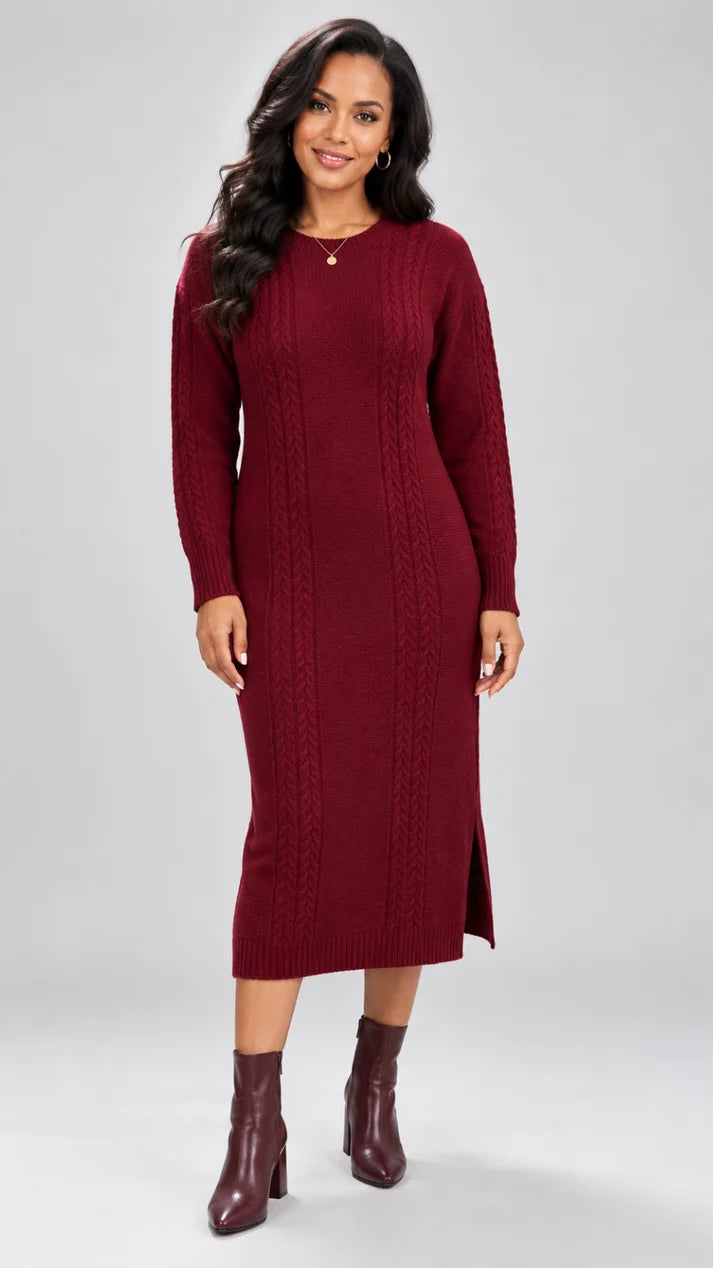 The Frenzy Cable Knit Sweater Midi Dress - Maroon