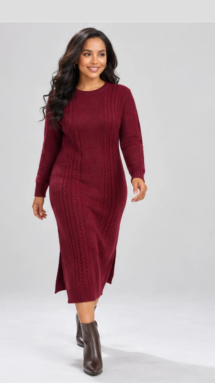 The Frenzy Cable Knit Sweater Midi Dress - Maroon — view 2