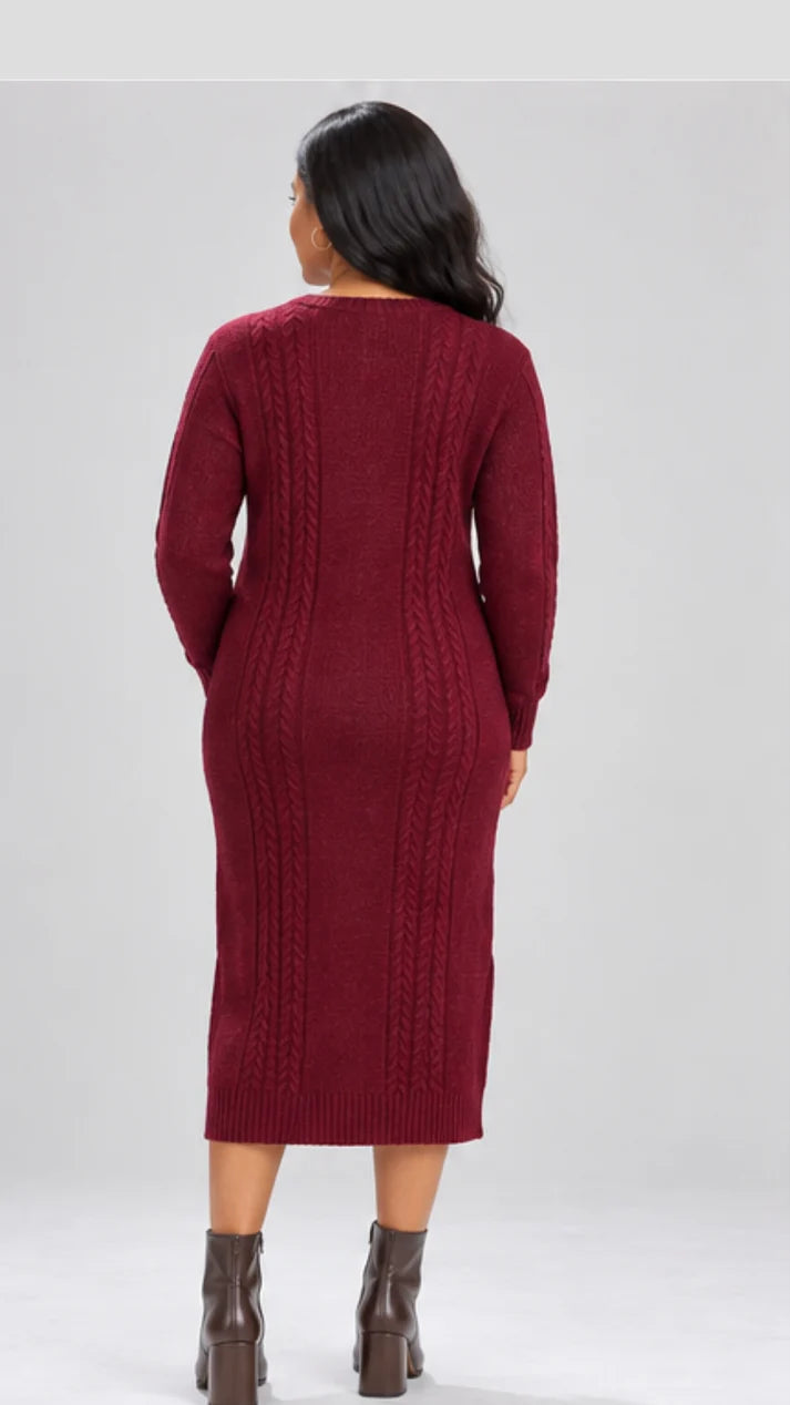 The Frenzy Cable Knit Sweater Midi Dress - Maroon — view 3