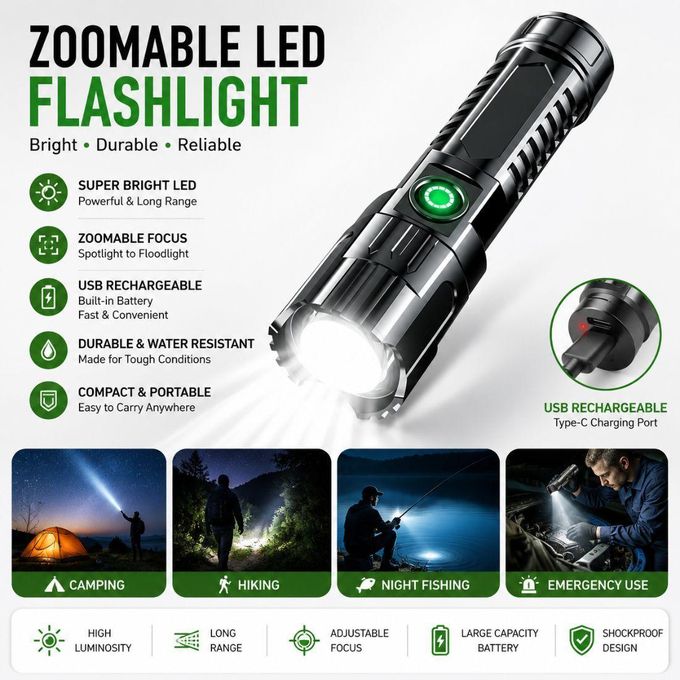 USB Rechargeable Zoomable LED Flashlight, Portable Adjustable Focus Torch for