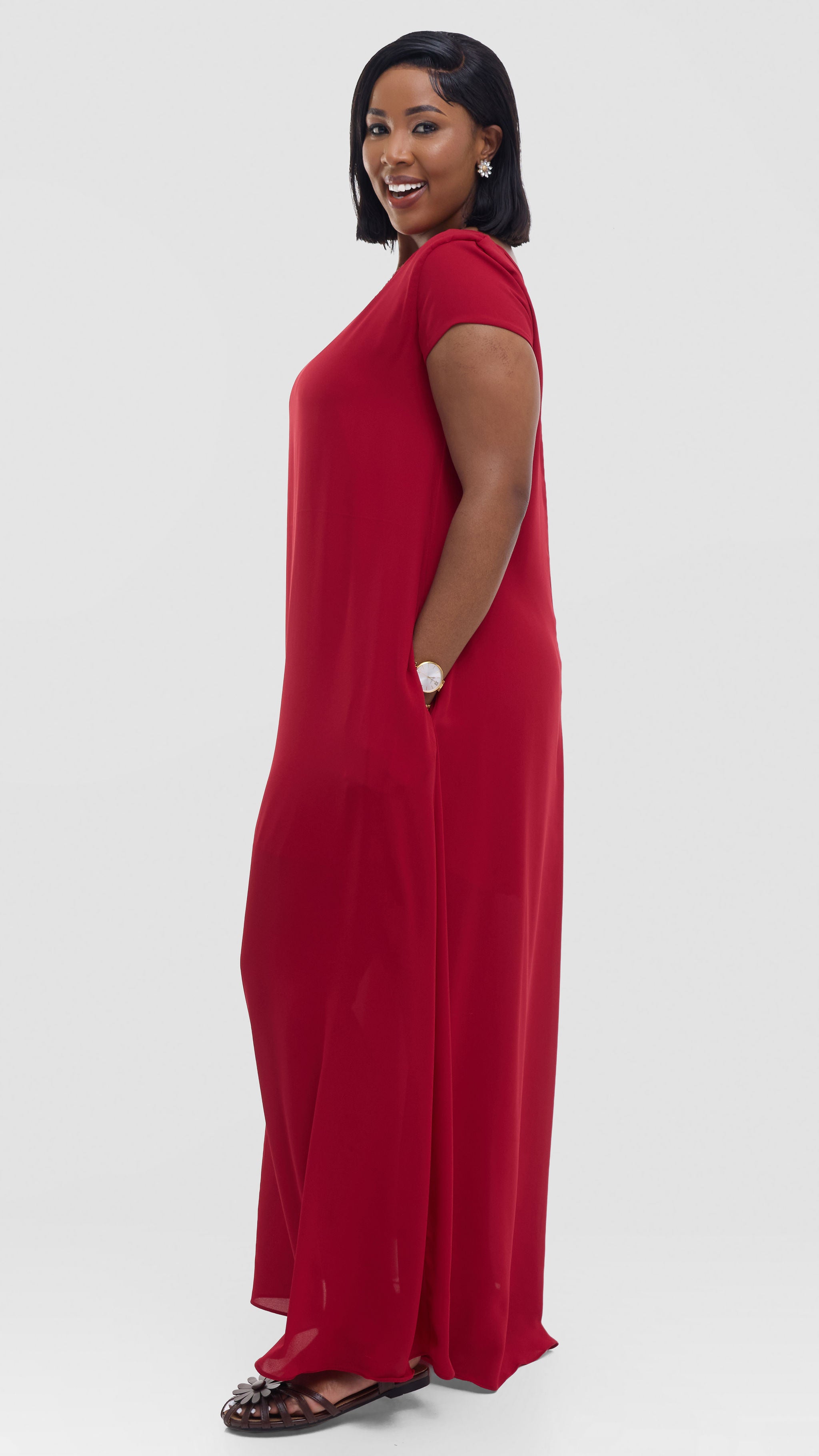 Vivo Basic Cap Sleeve Maxi Dress in Chiffon - Red — view 2