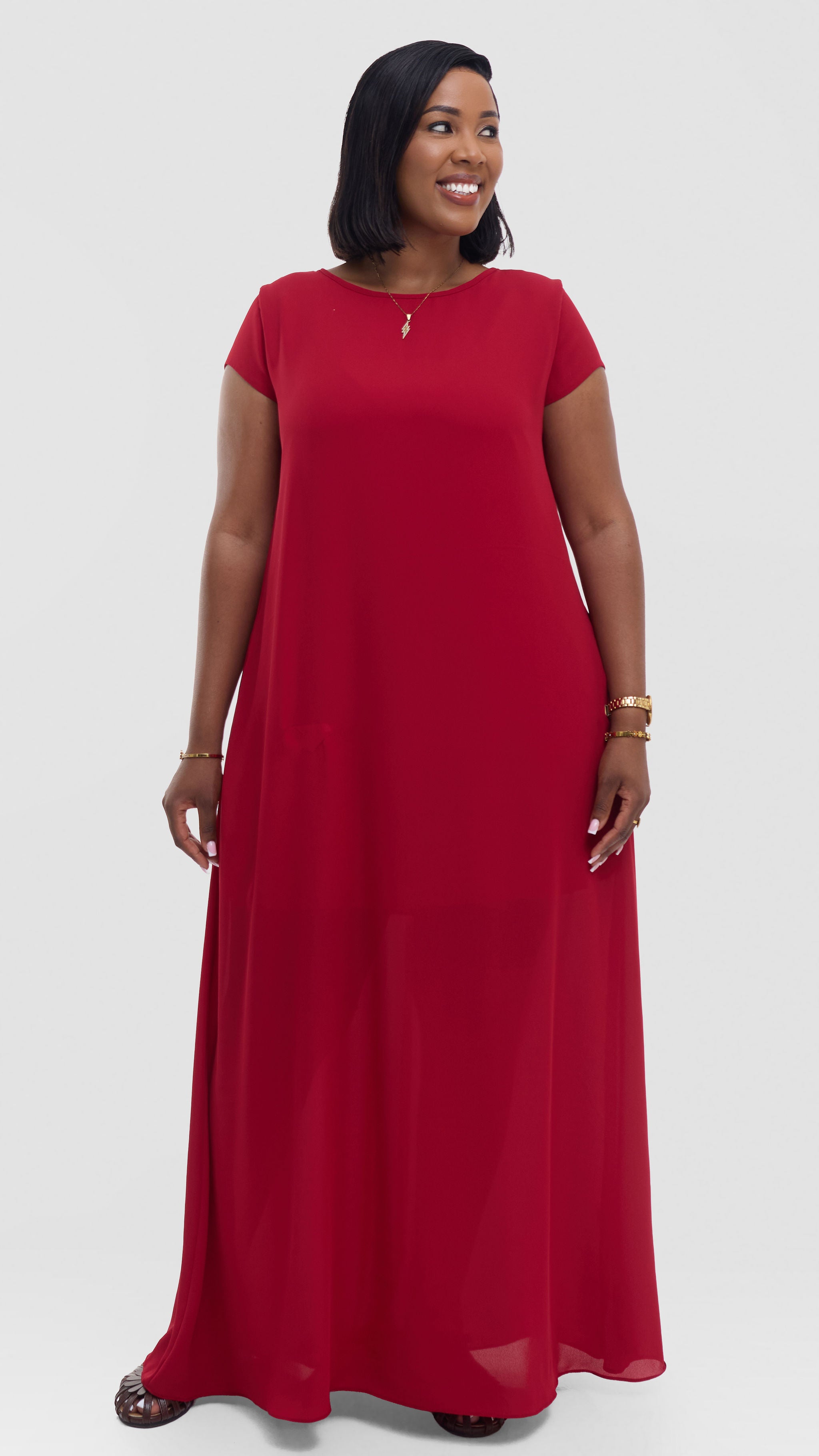 Vivo Basic Cap Sleeve Maxi Dress in Chiffon - Red — view 3