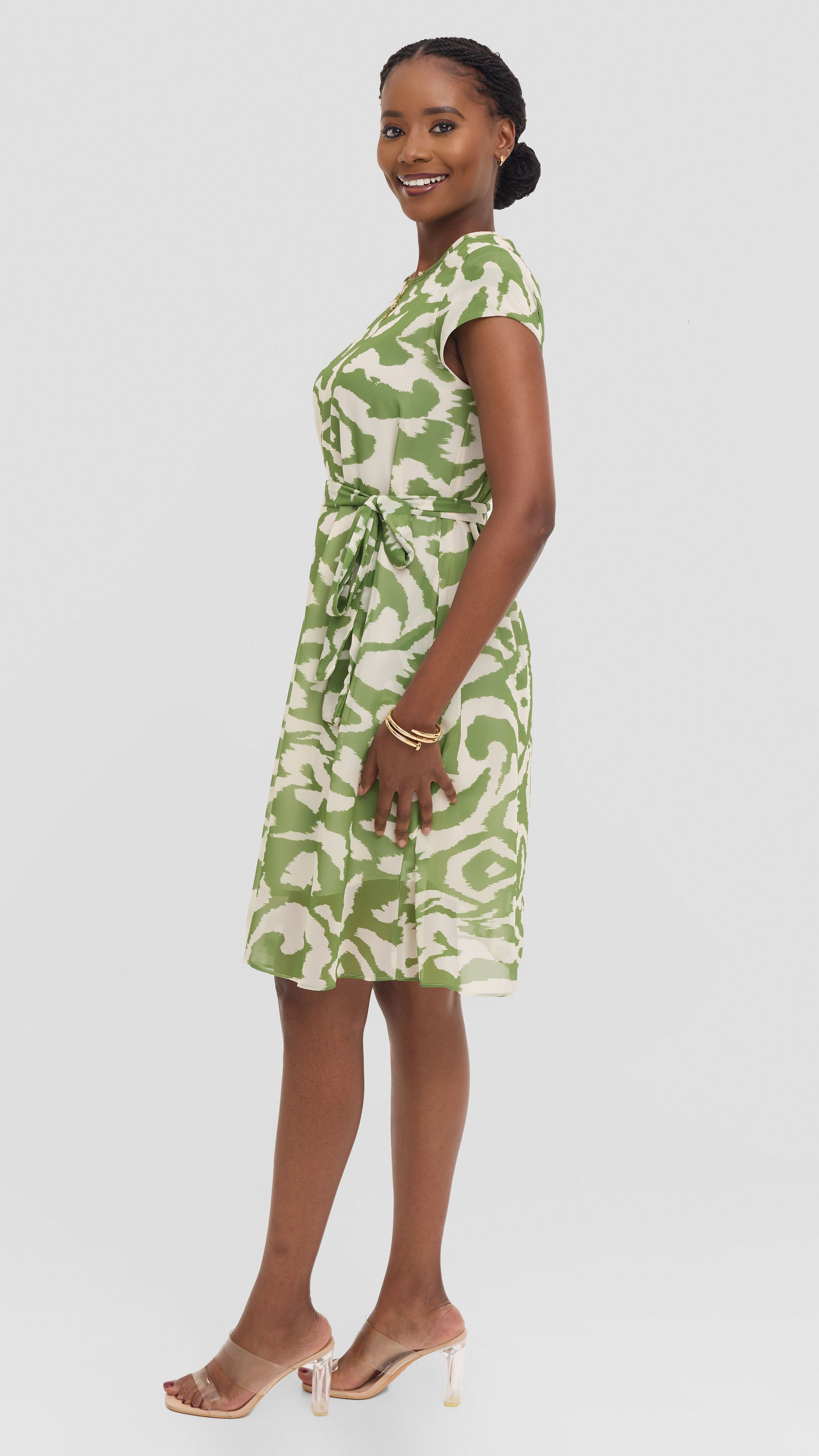 Vivo Basic Knee Length Dress in Chiffon - Light Green / Cream Print — view 2