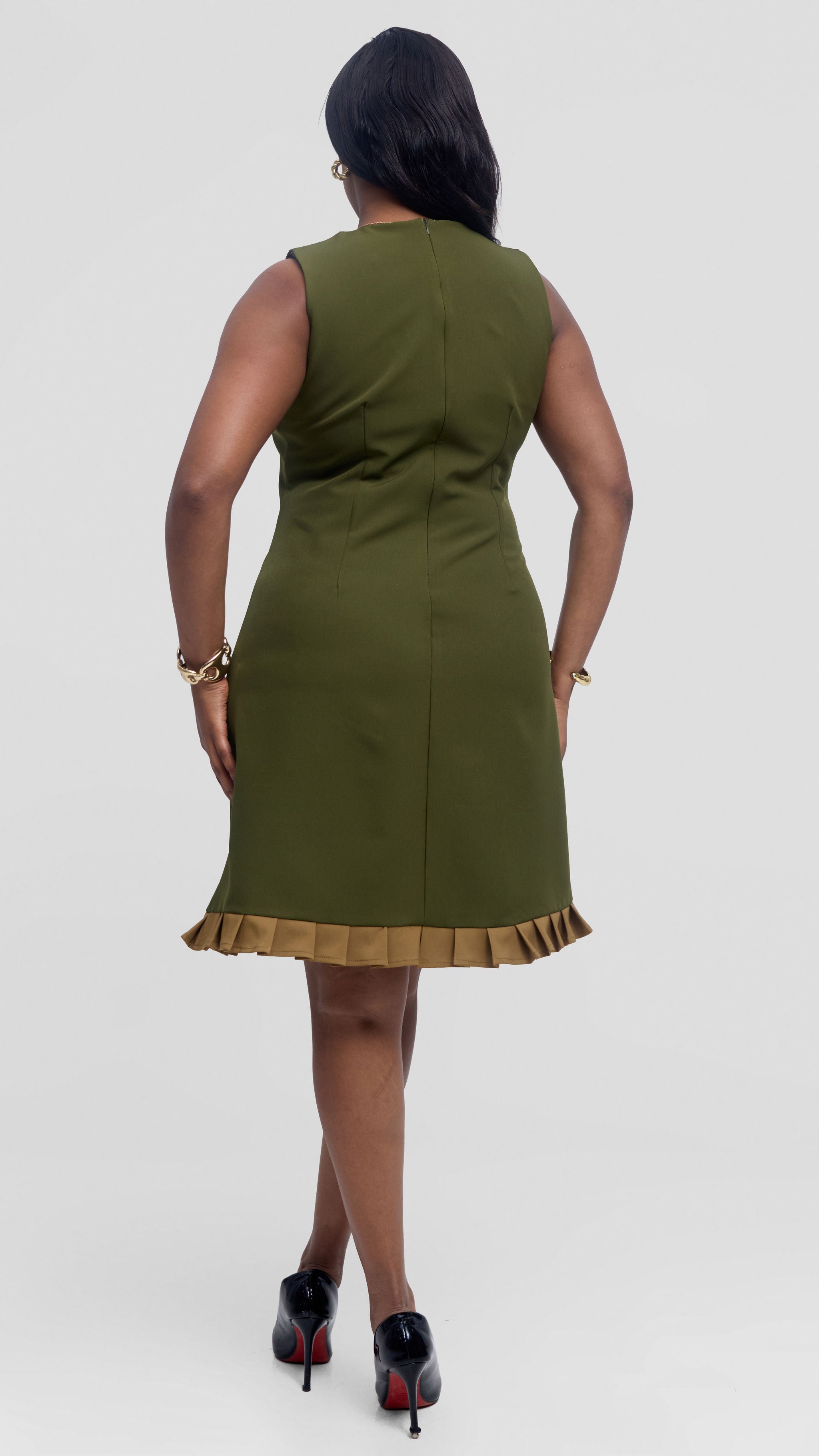 Vivo Colour Blocked Pleated Dress in Crepe - Hunters (Olive) — view 3