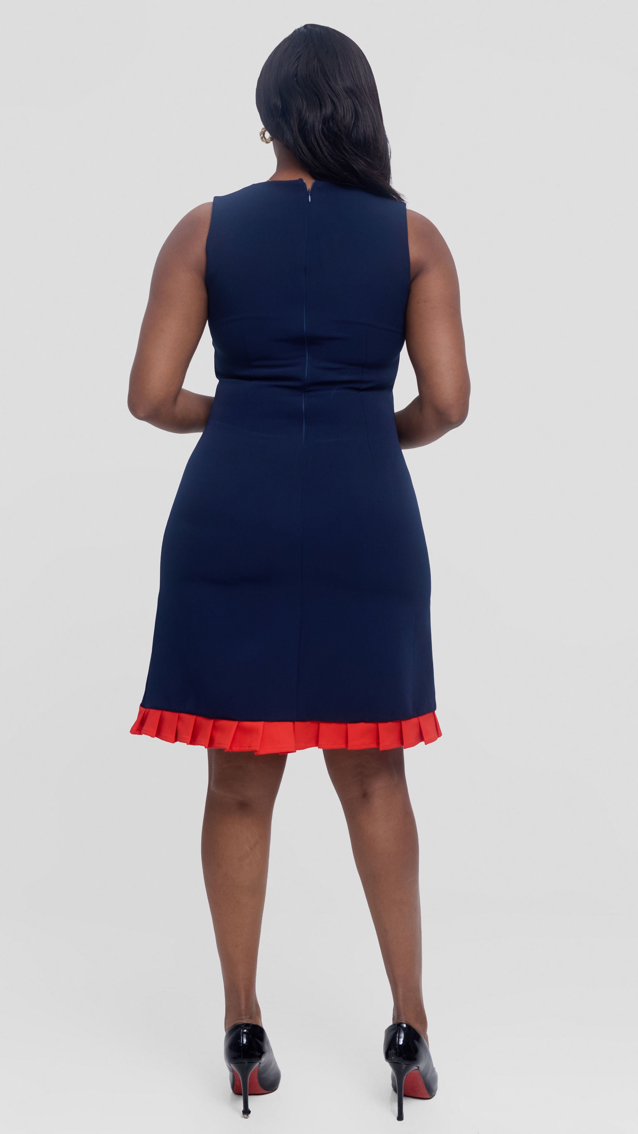 Vivo Colour Blocked Pleated Dress in Crepe - Navy Blue (Red) — view 3