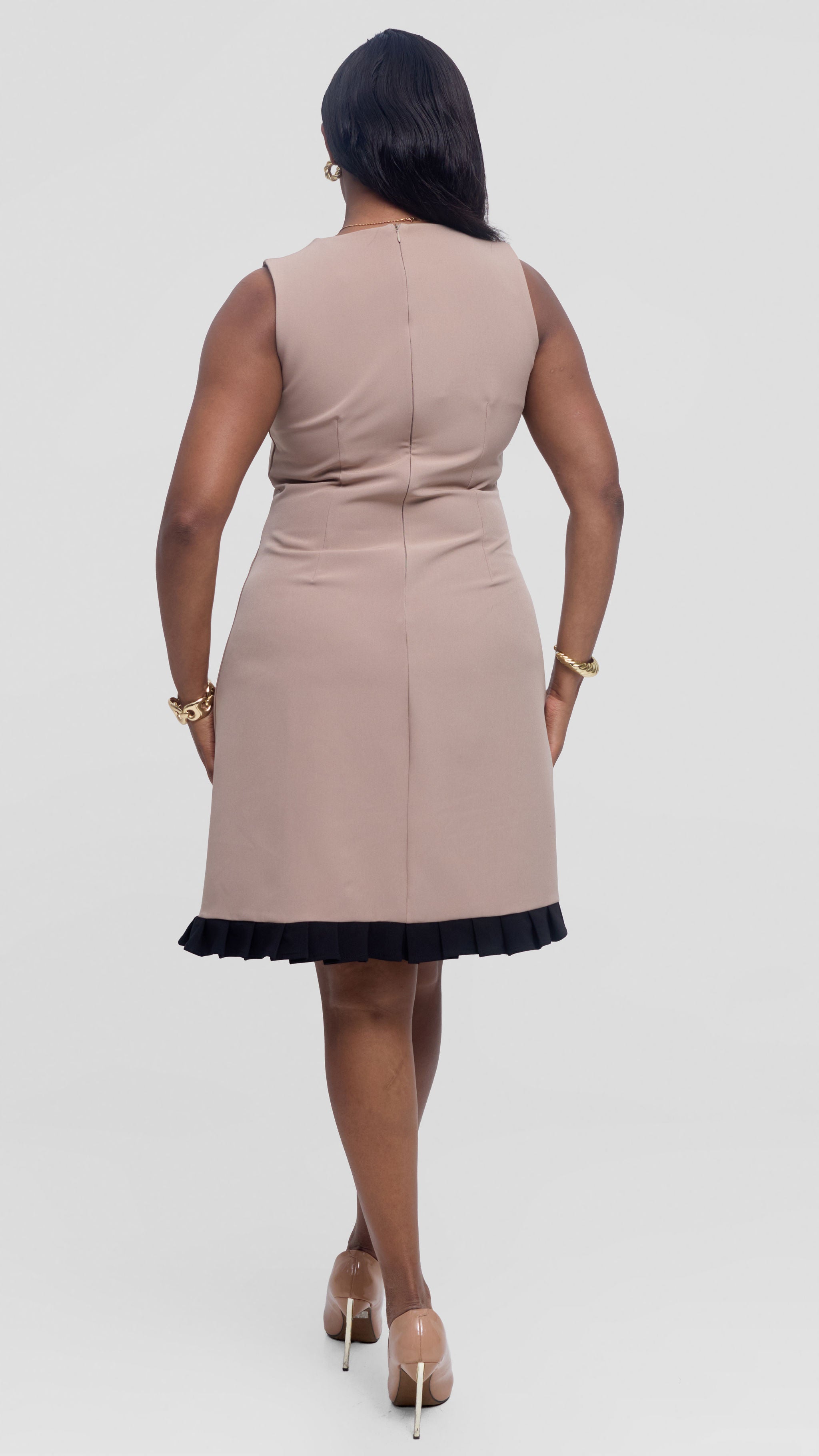 Vivo Colour Blocked Pleated Dress in Crepe - Taupe (Black) — view 3