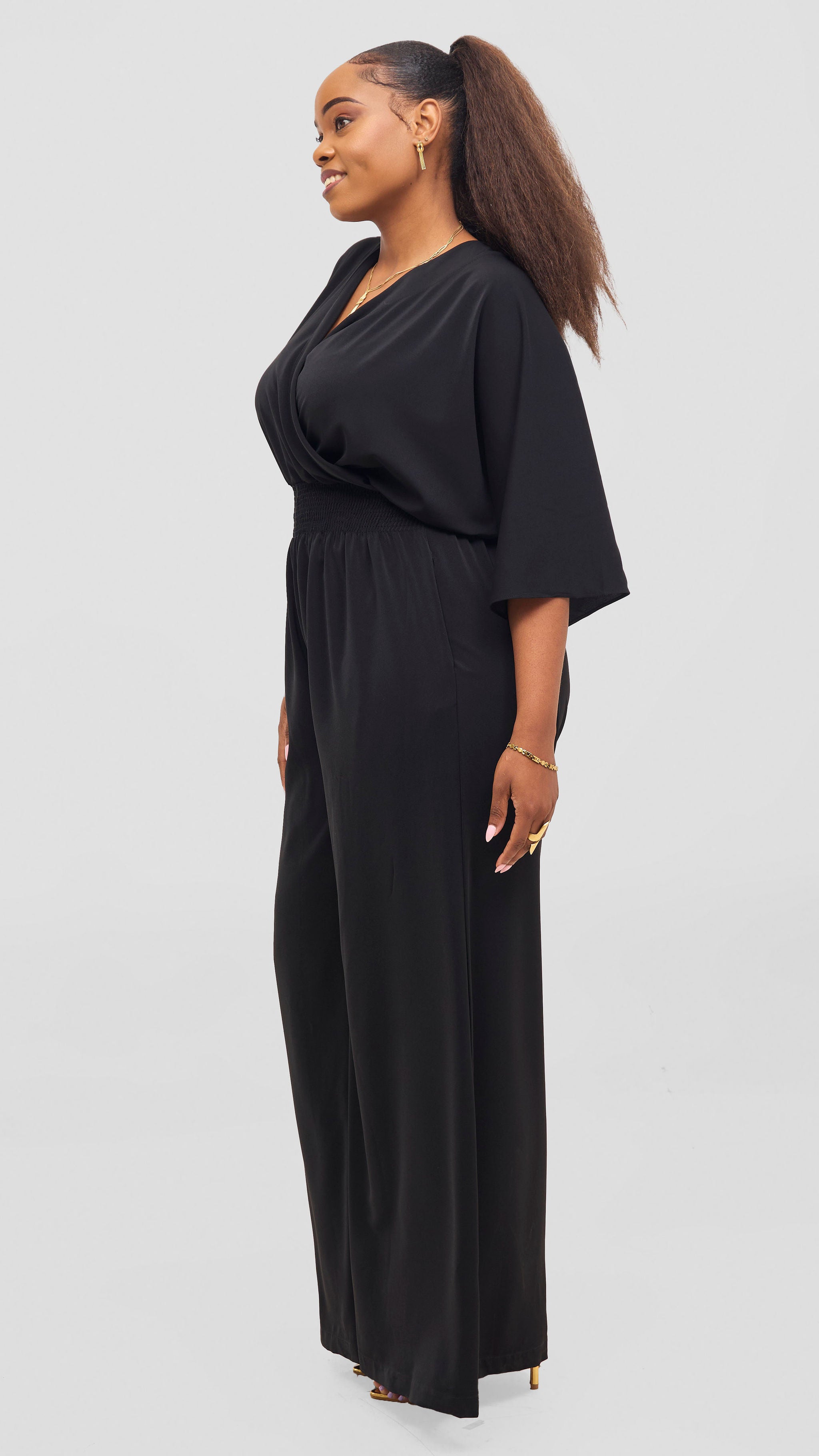 Vivo Iyana Shirred Waist Jumpsuit in Crepe - Black — view 3