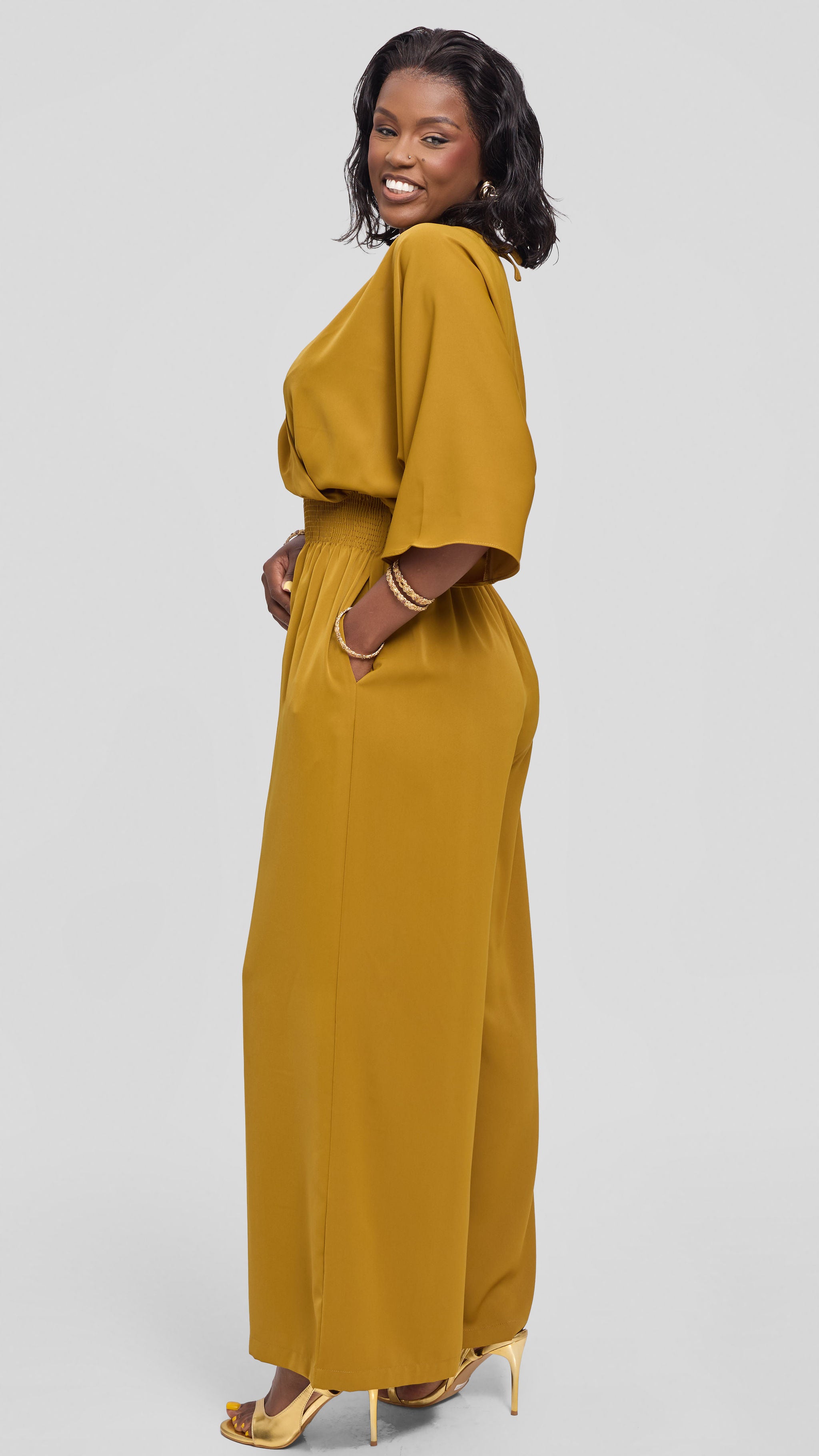 Vivo Iyana Shirred Waist Jumpsuit in Crepe - Dark Olive — view 2