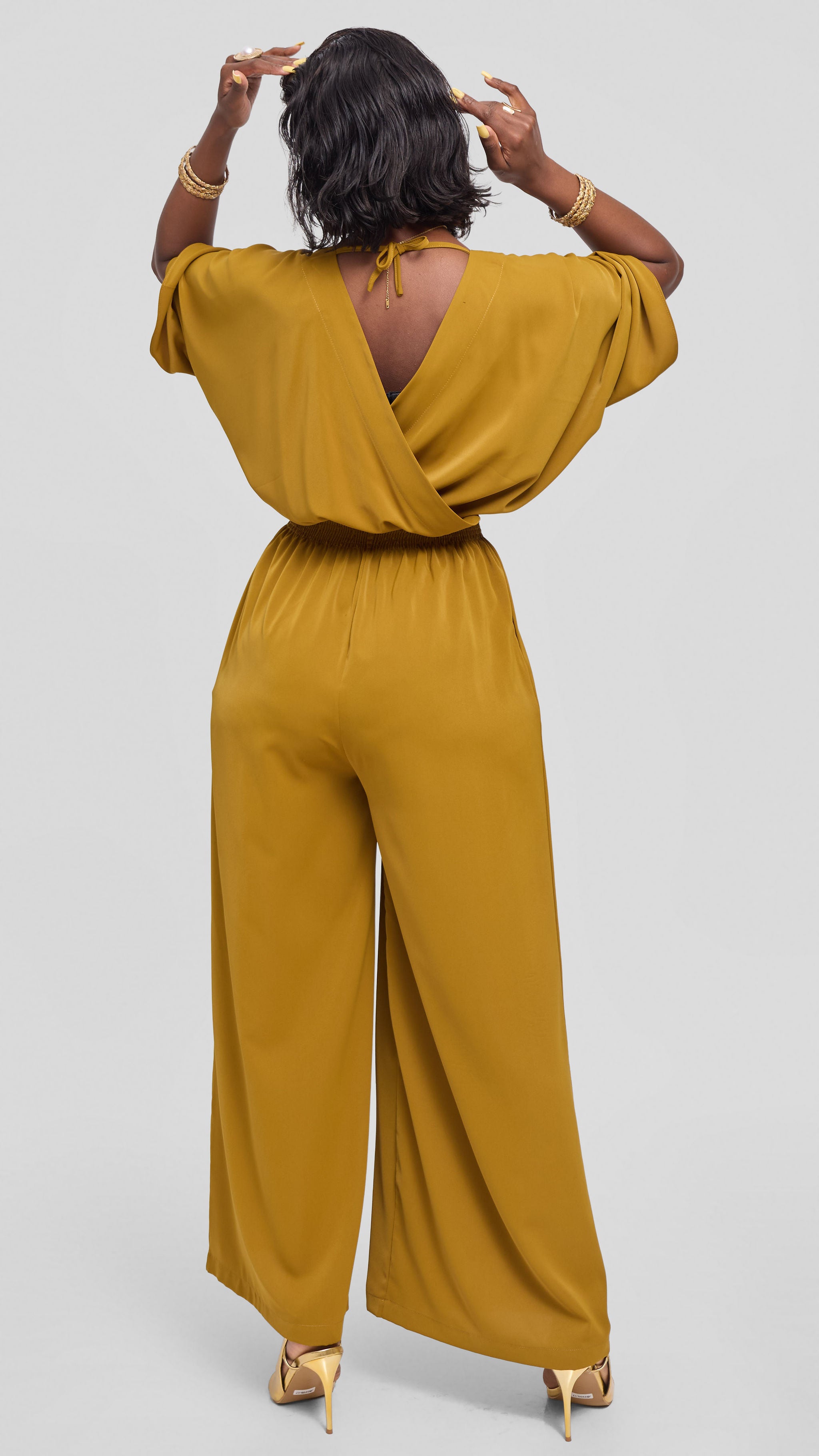 Vivo Iyana Shirred Waist Jumpsuit in Crepe - Dark Olive — view 3