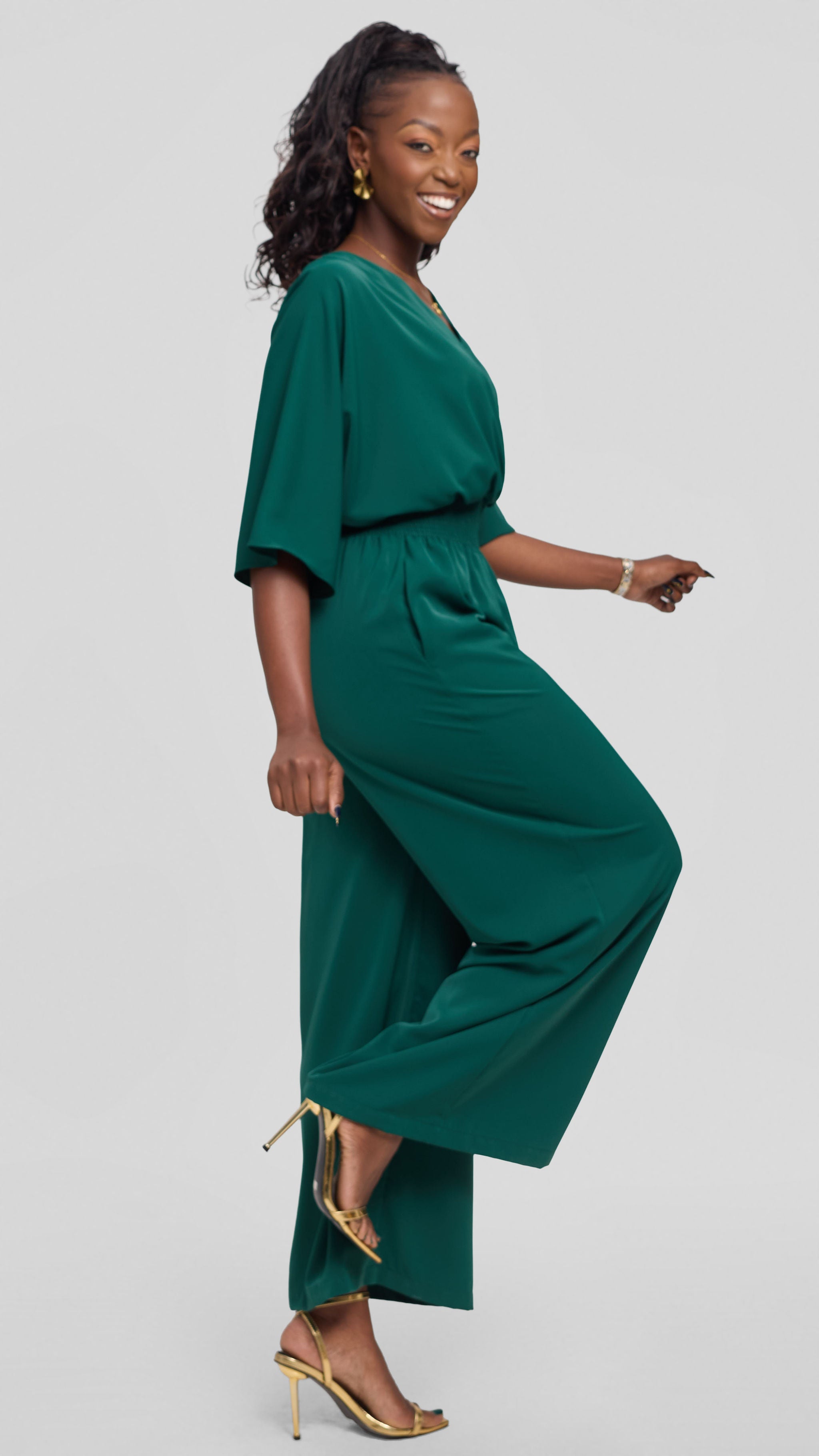 Vivo Iyana Shirred Waist Jumpsuit in Crepe - Emerald Green — view 2
