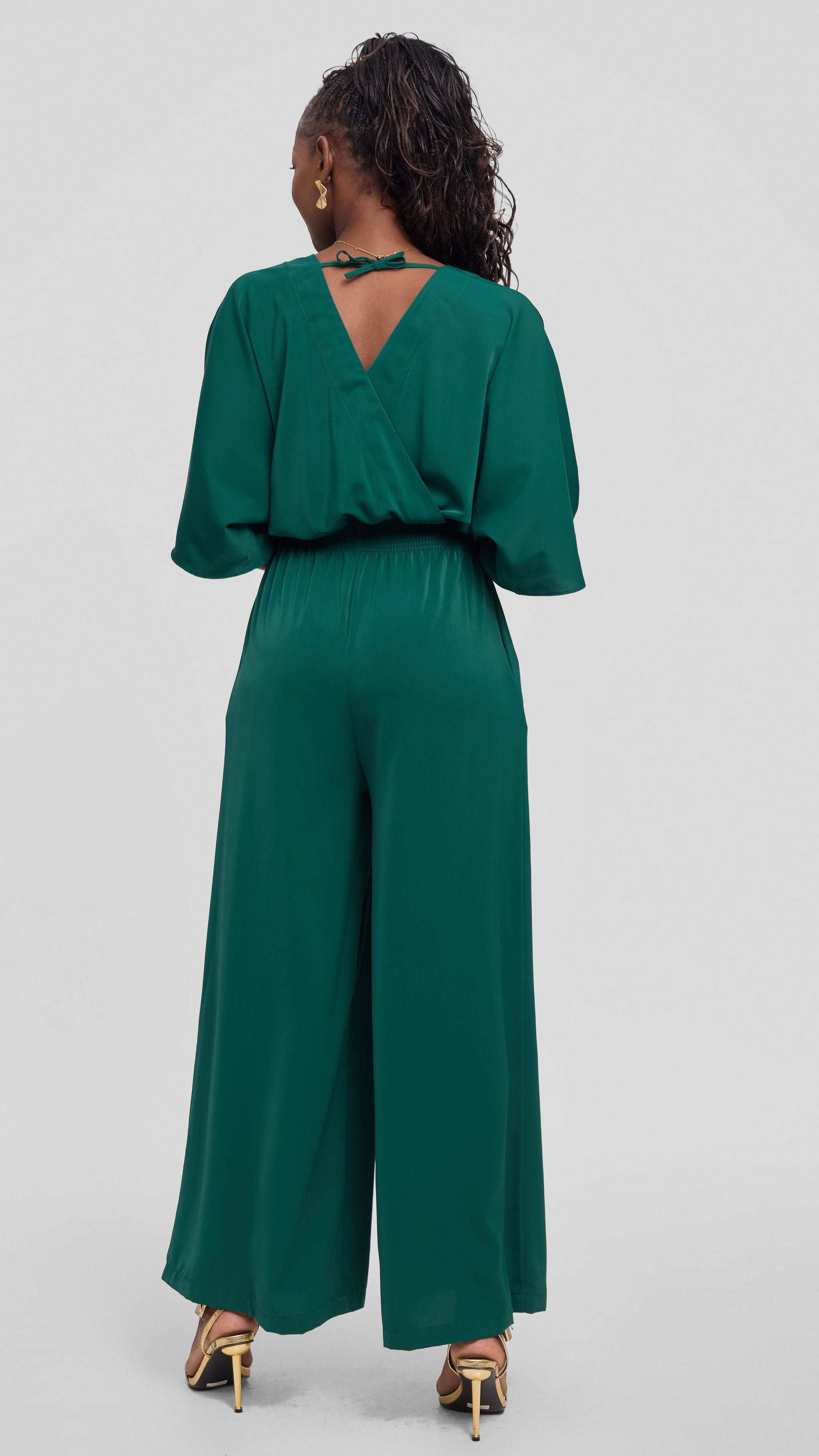 Vivo Iyana Shirred Waist Jumpsuit in Crepe - Emerald Green — view 3
