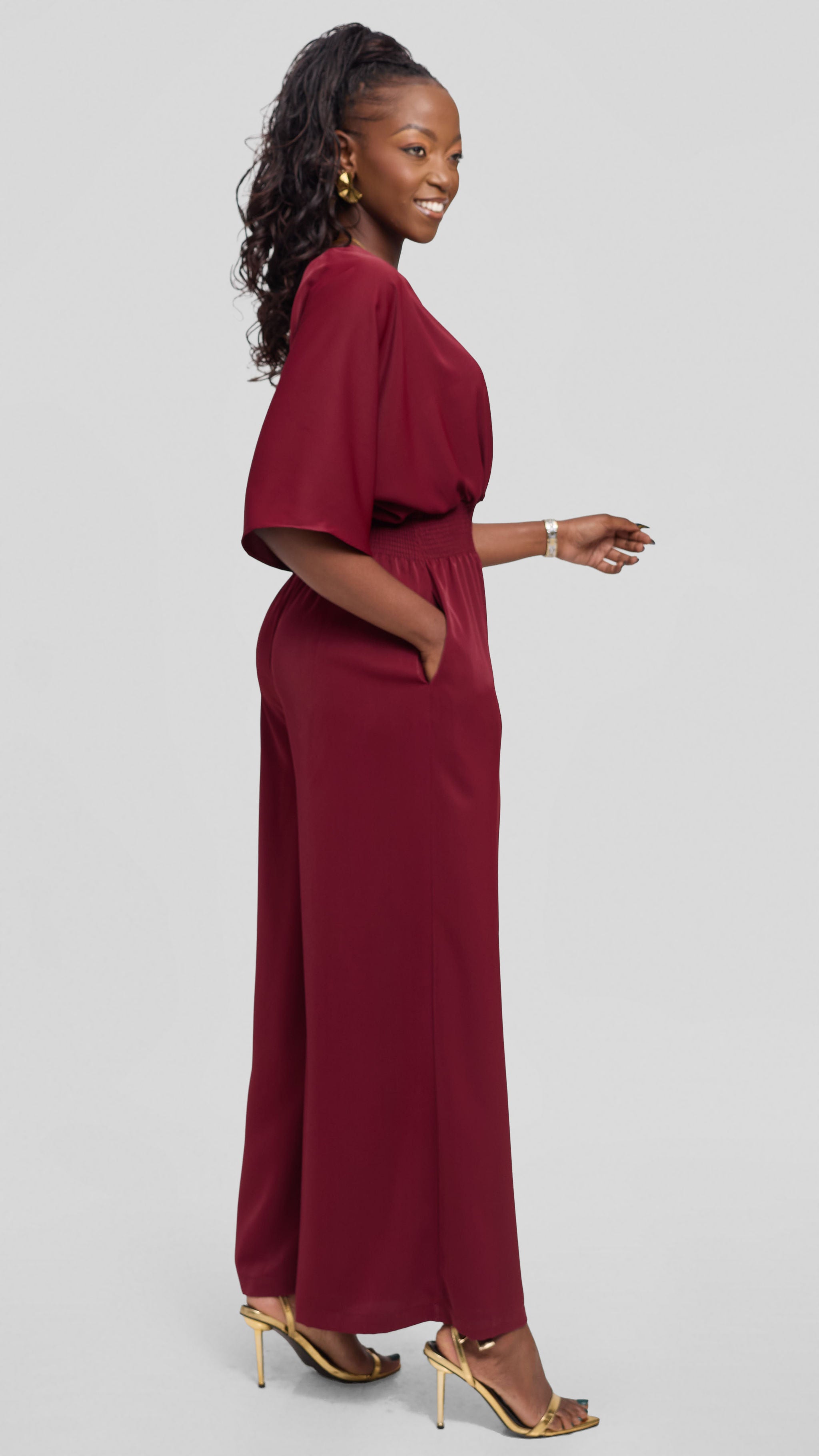 Vivo Iyana Shirred Waist Jumpsuit in Crepe - Maroon — view 2