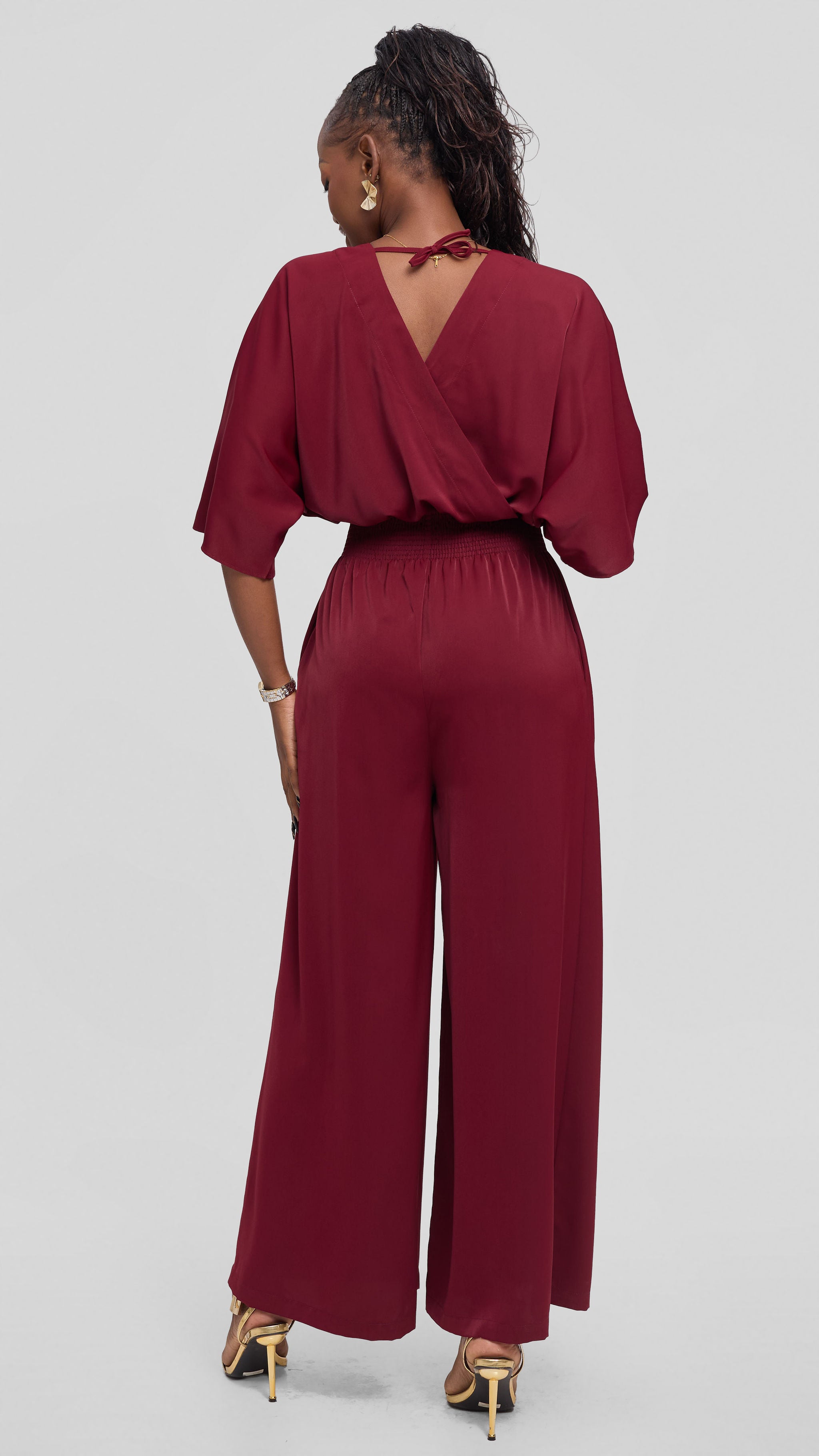 Vivo Iyana Shirred Waist Jumpsuit in Crepe - Maroon — view 3