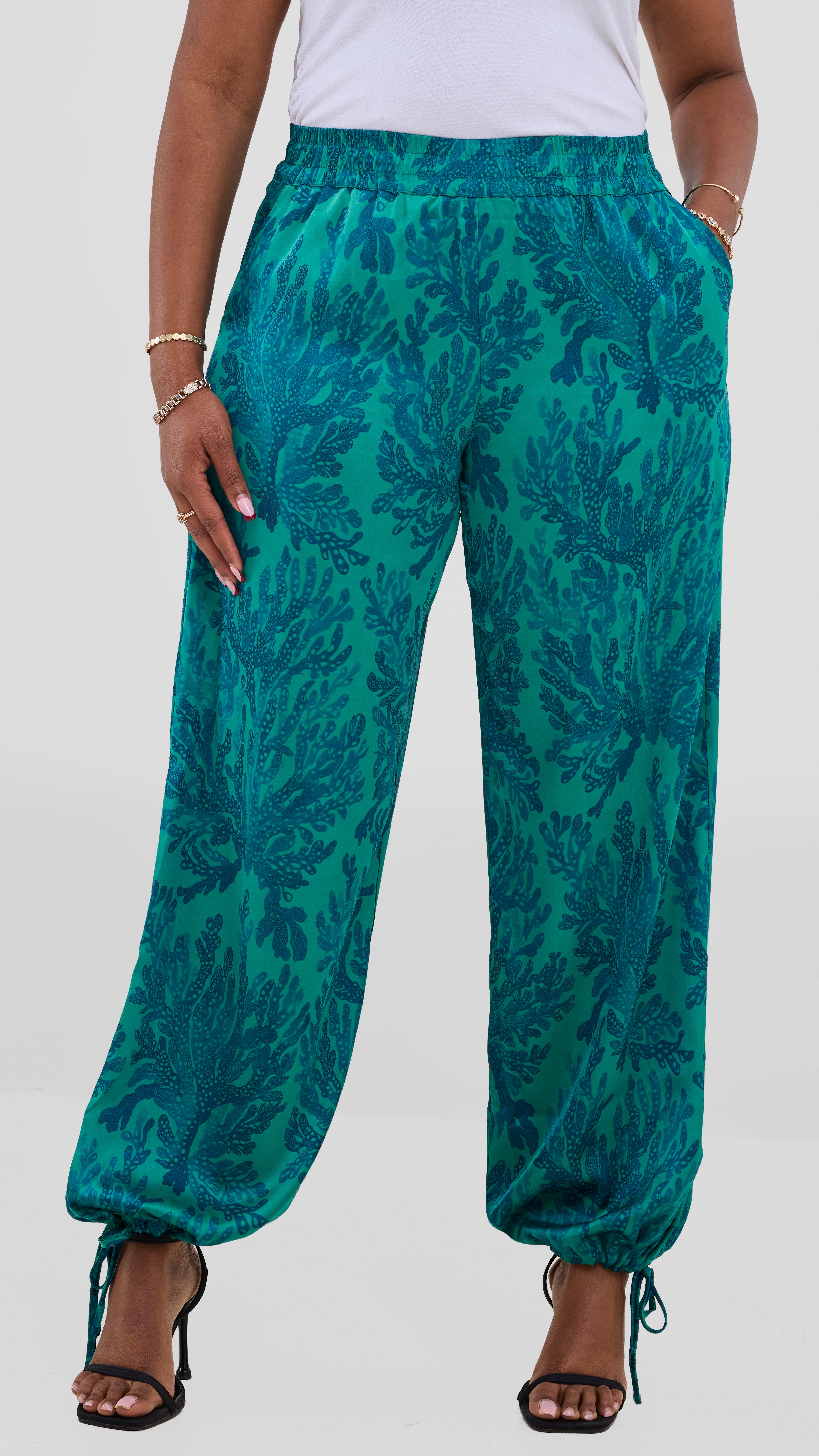 Vivo Liora Drawstring Pants In Satin - Green / Teal Print — view 2