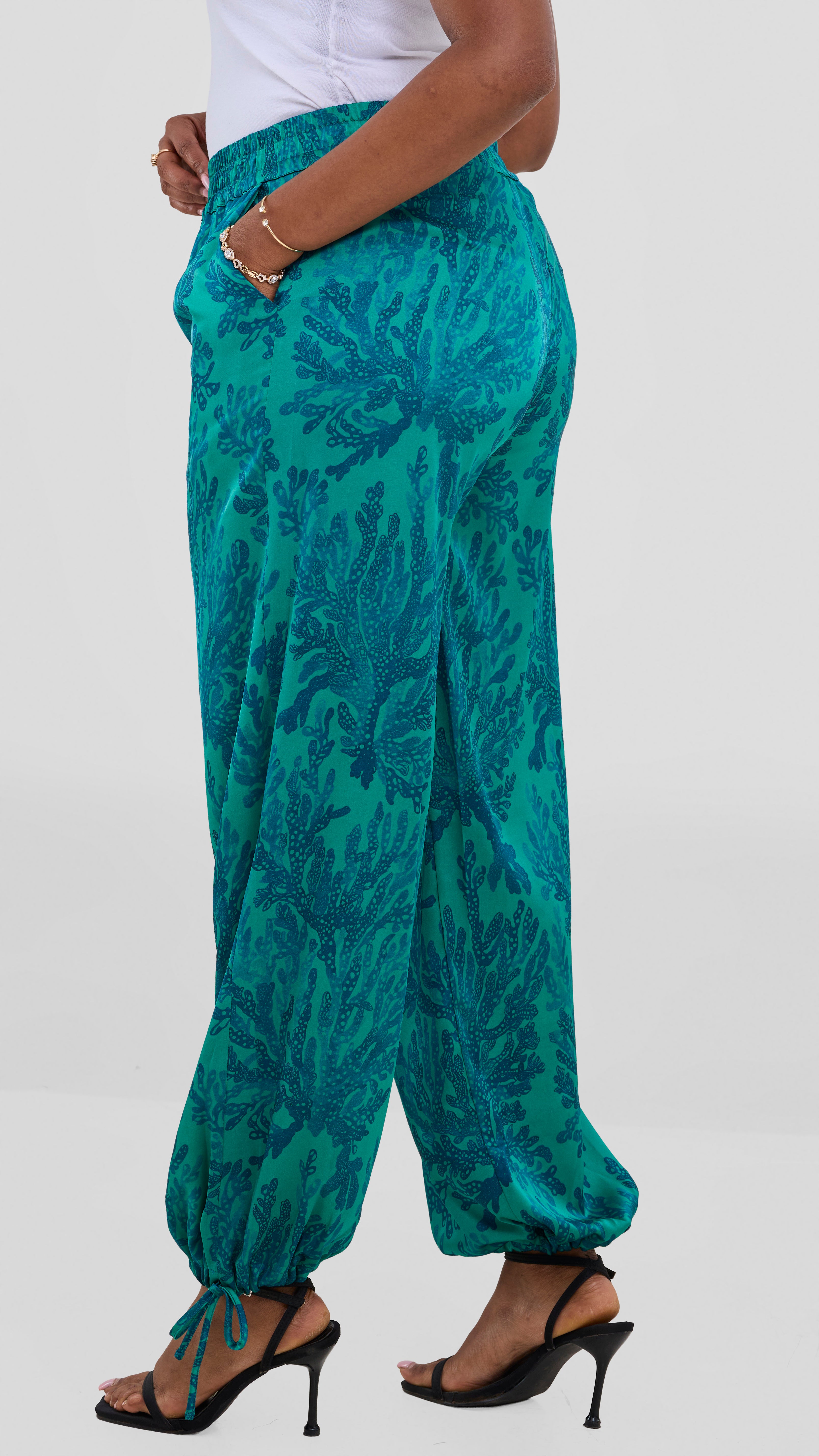 Vivo Liora Drawstring Pants In Satin - Green / Teal Print — view 3