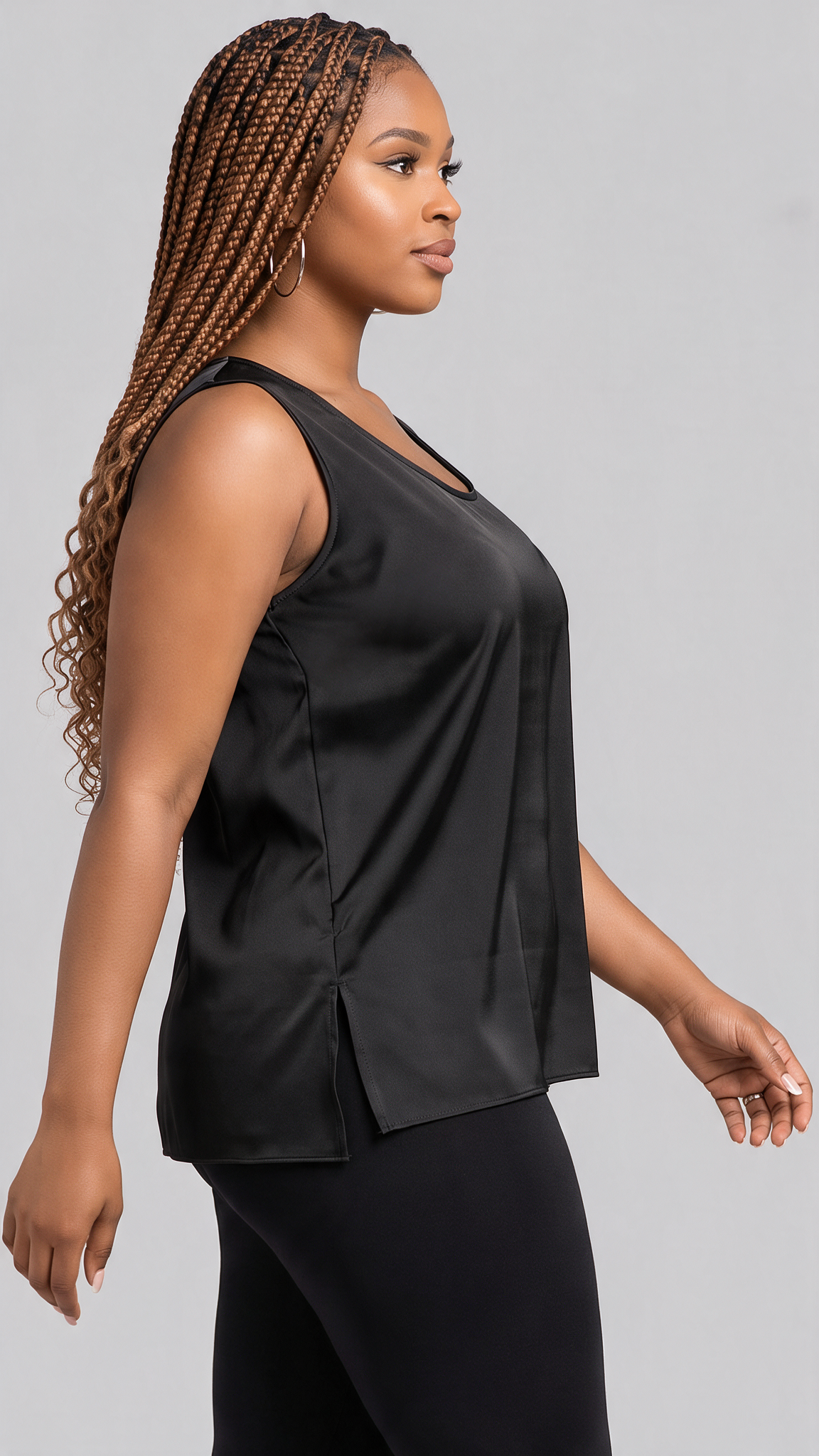 Vivo Scooped Neck Tank Top in Satin - Black — view 2
