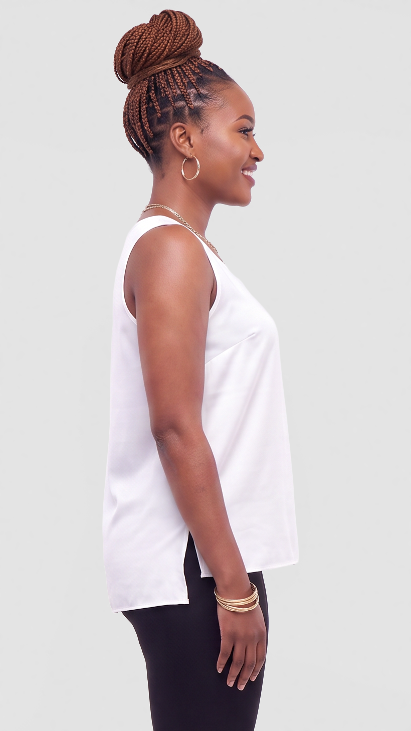 Vivo Scooped Neck Tank Top in Satin - White — view 2