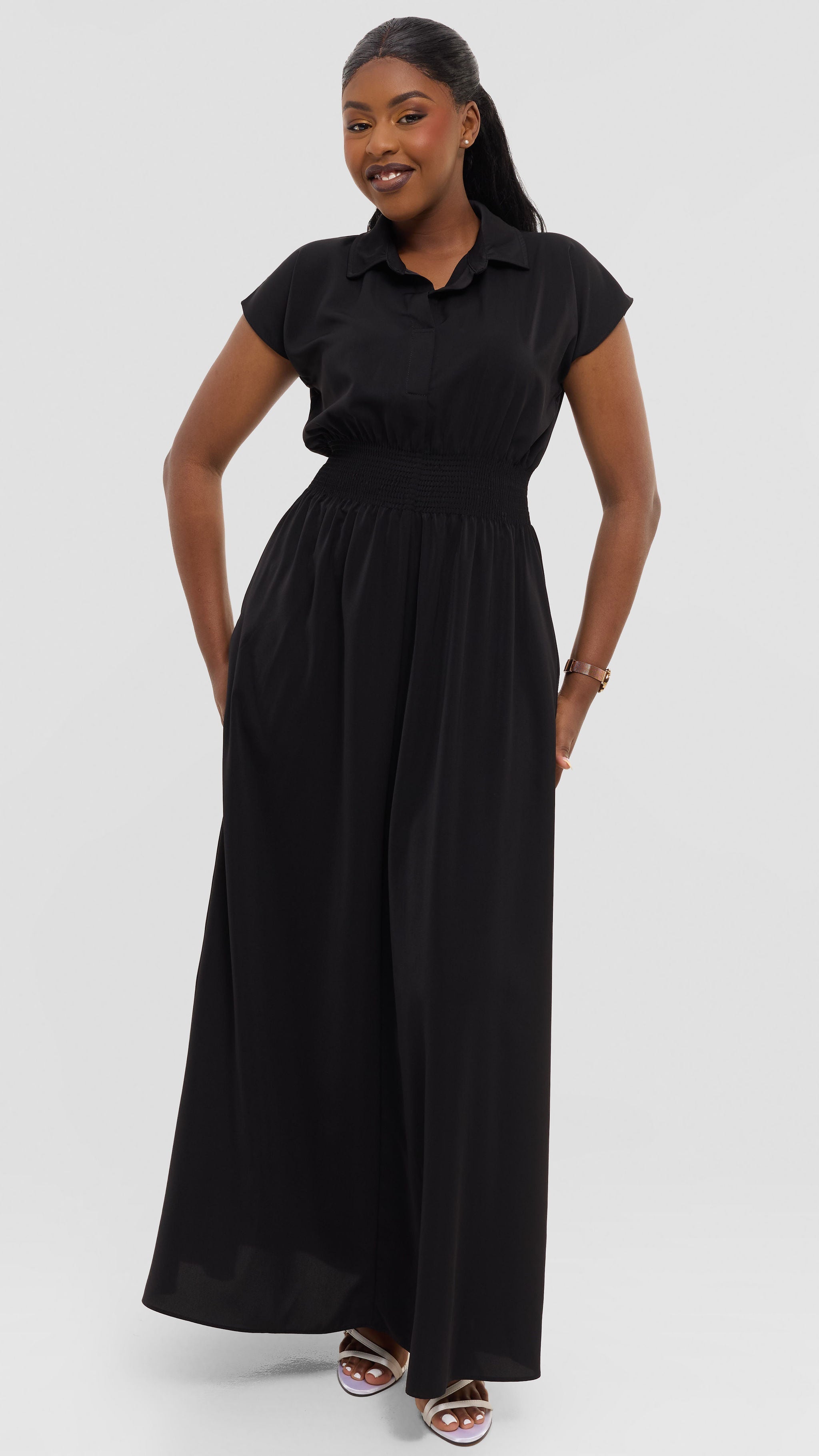 Vivo Zena Shirred Waist Maxi Shirt Dress in Crepe - Black — view 2