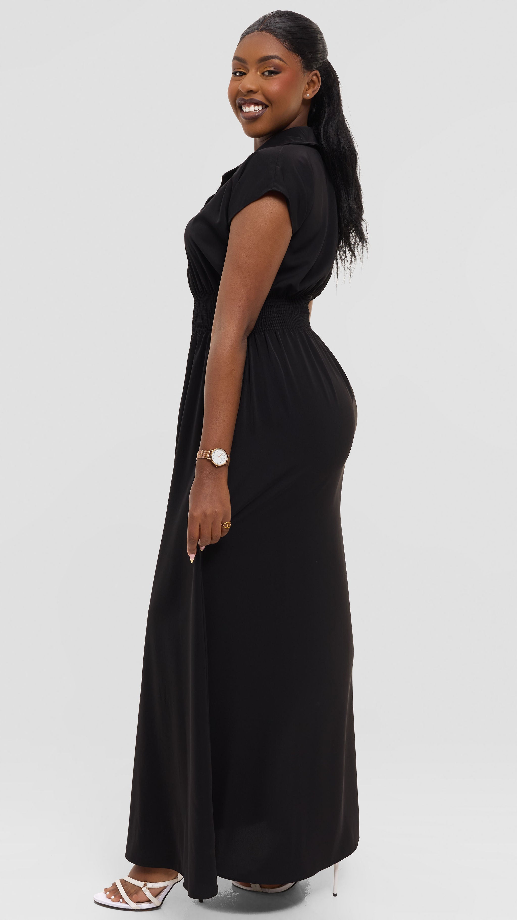 Vivo Zena Shirred Waist Maxi Shirt Dress in Crepe - Black — view 3