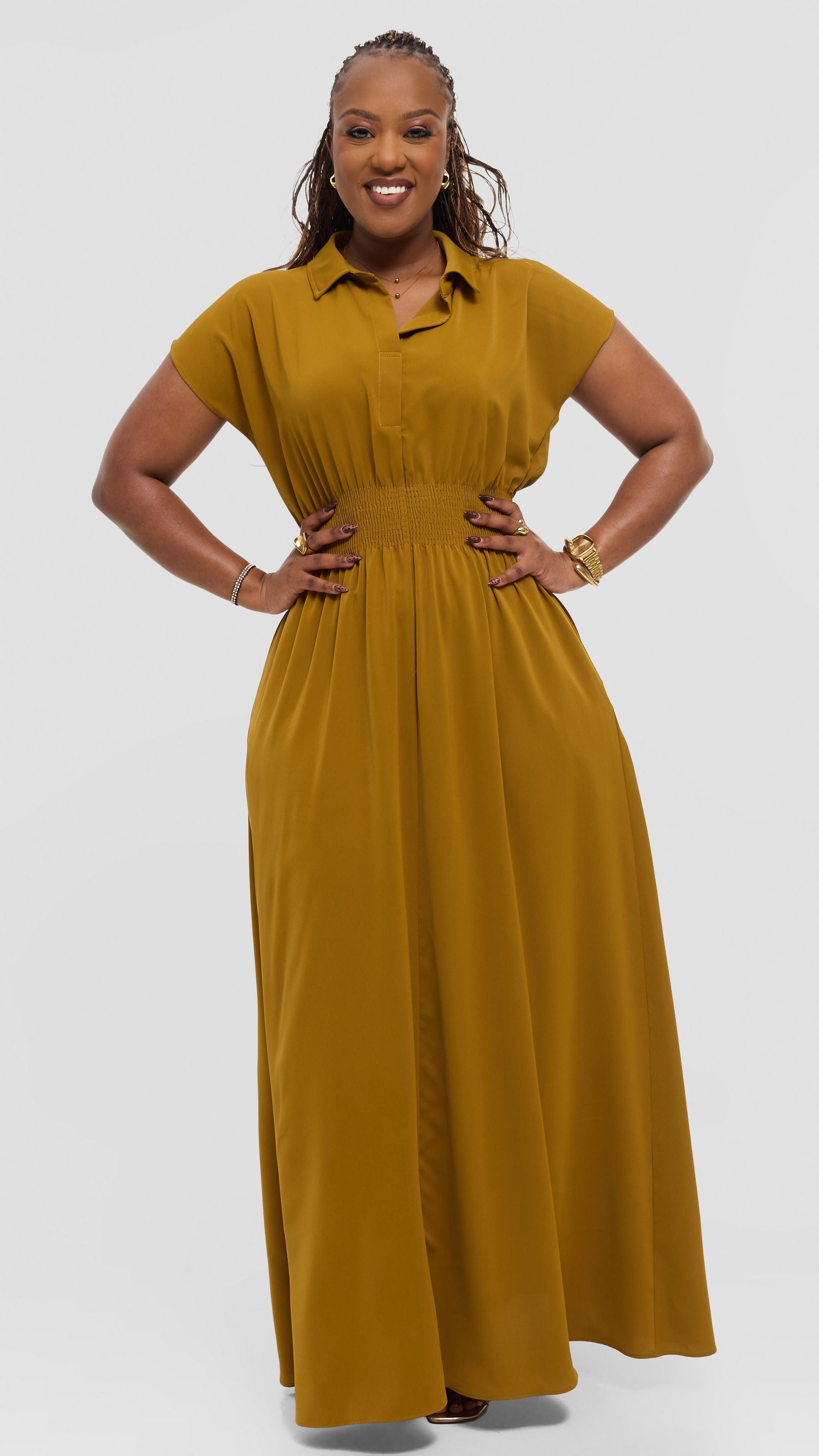 Vivo Zena Shirred Waist Maxi Shirt Dress in Crepe - Dark Olive — view 2