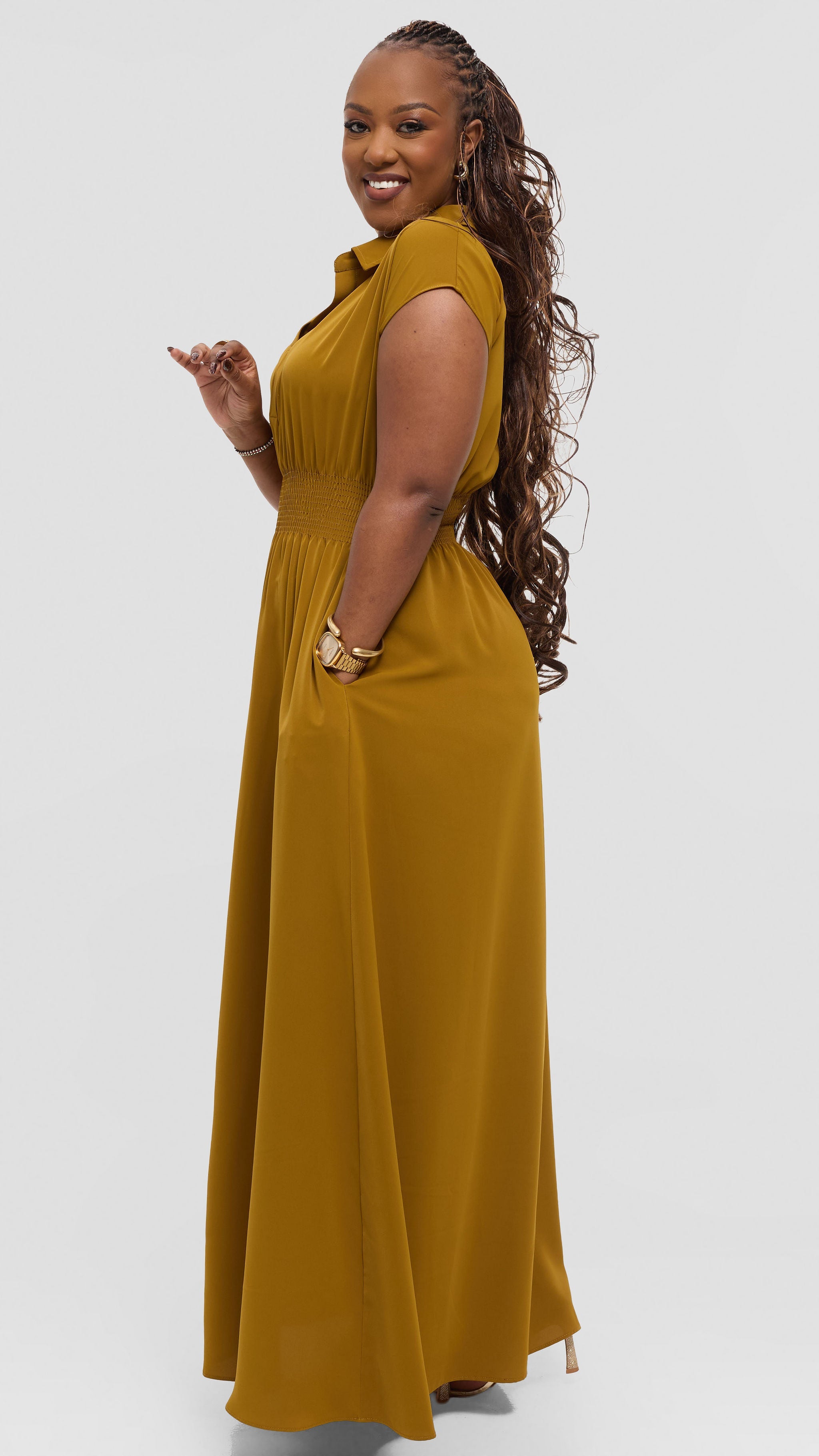 Vivo Zena Shirred Waist Maxi Shirt Dress in Crepe - Dark Olive — view 3