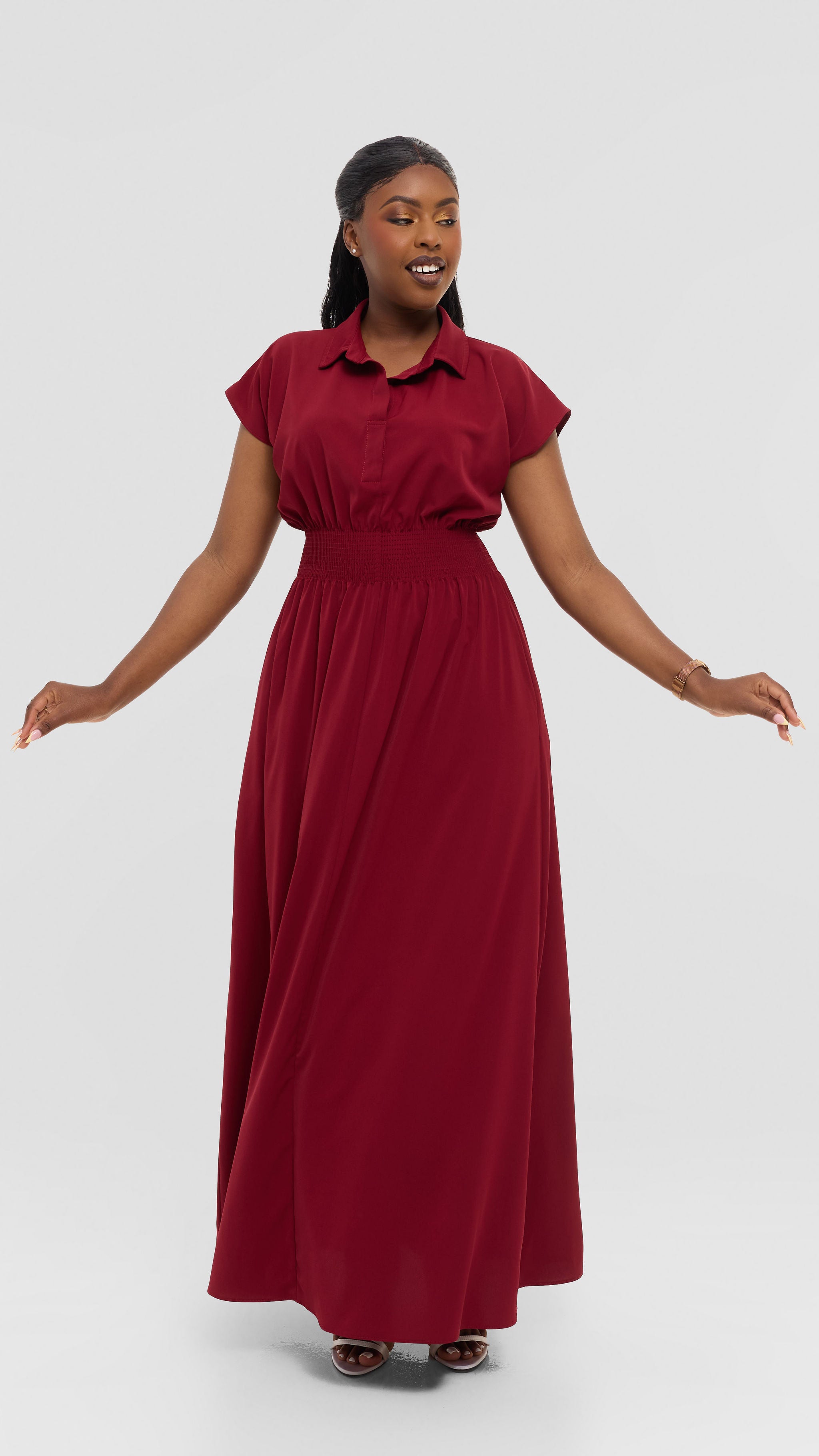 Vivo Zena Shirred Waist Maxi Shirt Dress in Crepe - Dark Red — view 2