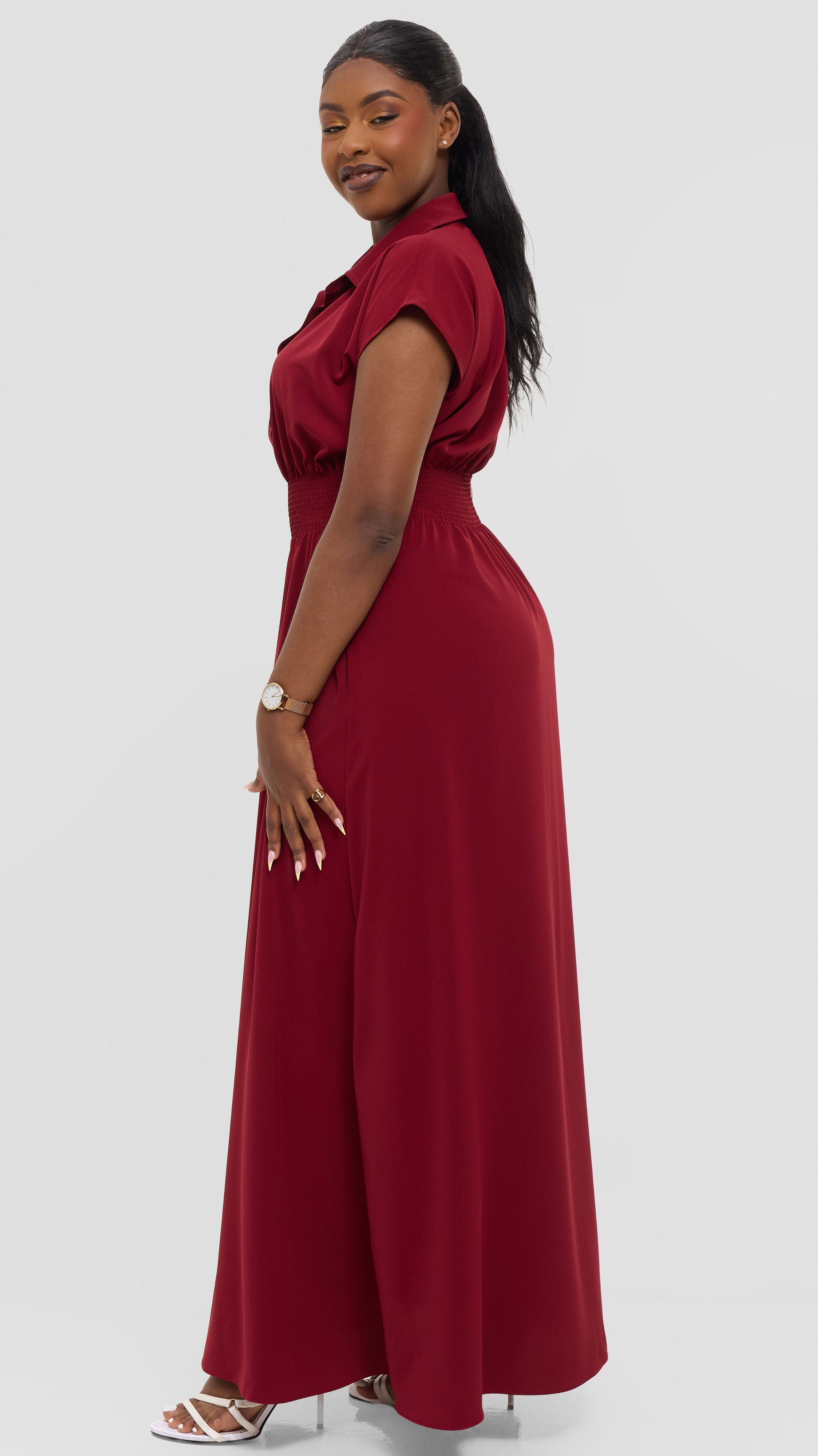 Vivo Zena Shirred Waist Maxi Shirt Dress in Crepe - Dark Red — view 3