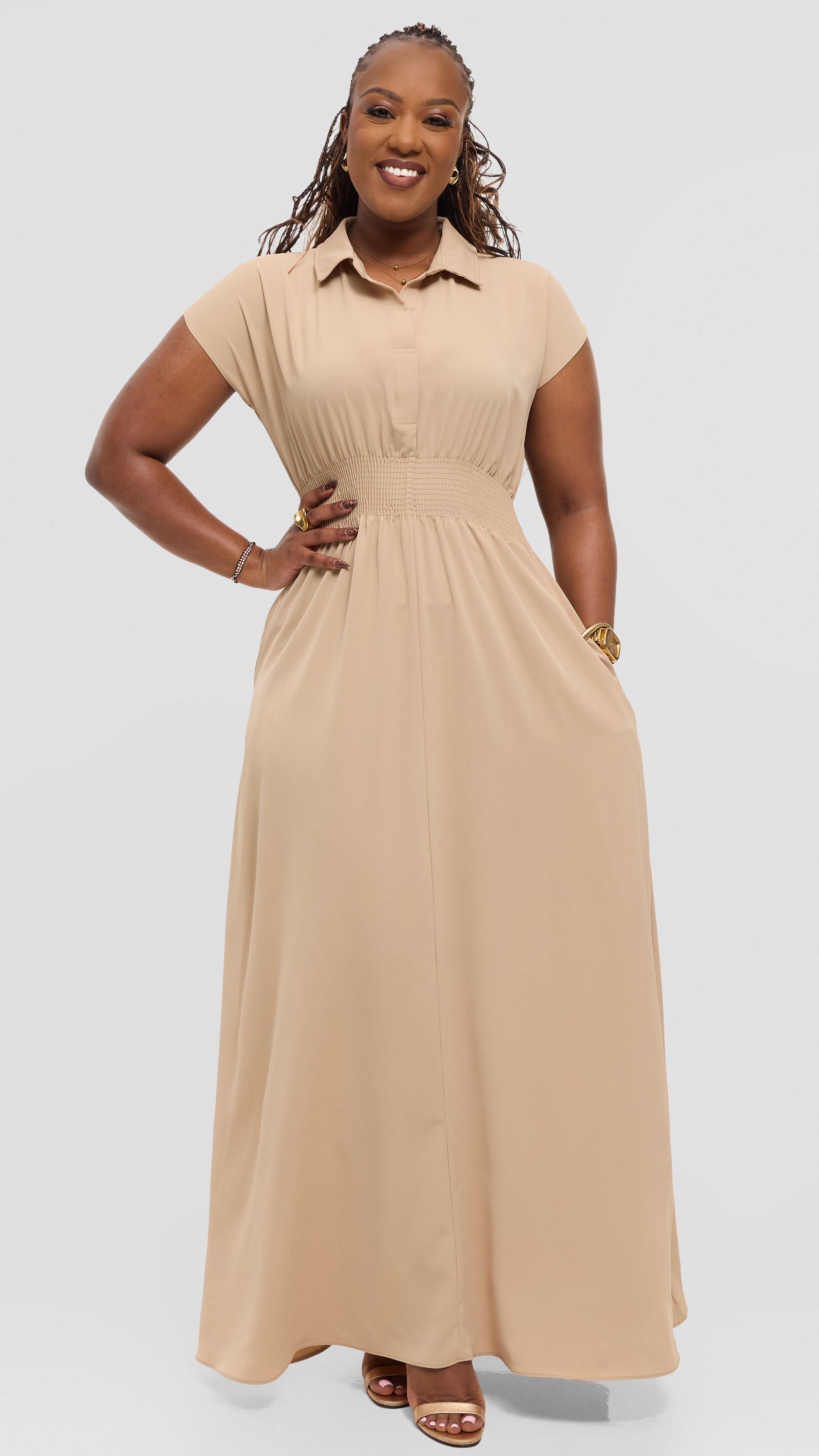 Vivo Zena Shirred Waist Maxi Shirt Dress in Crepe - Tan — view 2