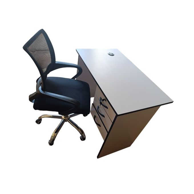 White Study Desk & Mesh Chair Set - Adjustable Height, Compact Design