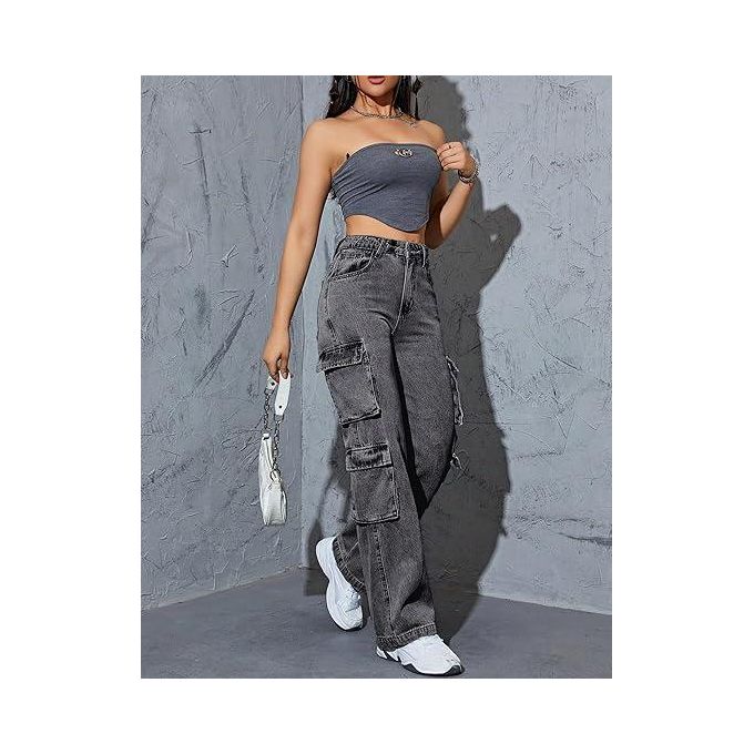 Women High Waist Denim Jeans Trousers Casual Pants Boyfriend Wide Leg Cargo