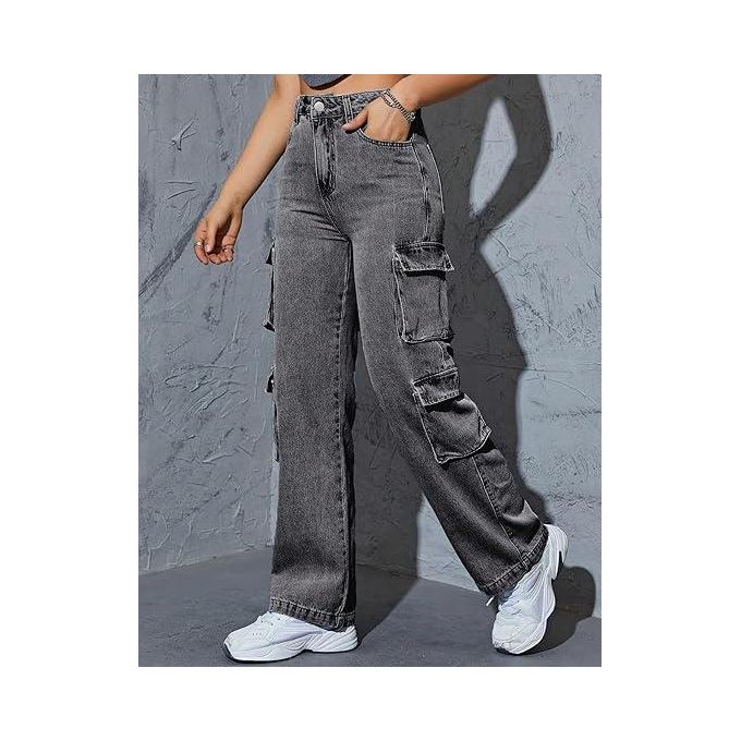 Women High Waist Denim Jeans Trousers Casual Pants Boyfriend Wide Leg Cargo — view 2