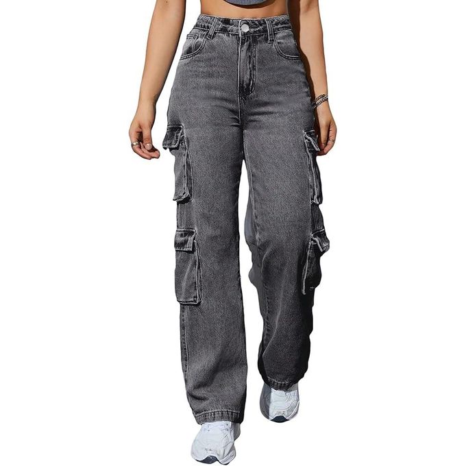 Women High Waist Denim Jeans Trousers Casual Pants Boyfriend Wide Leg Cargo — view 3