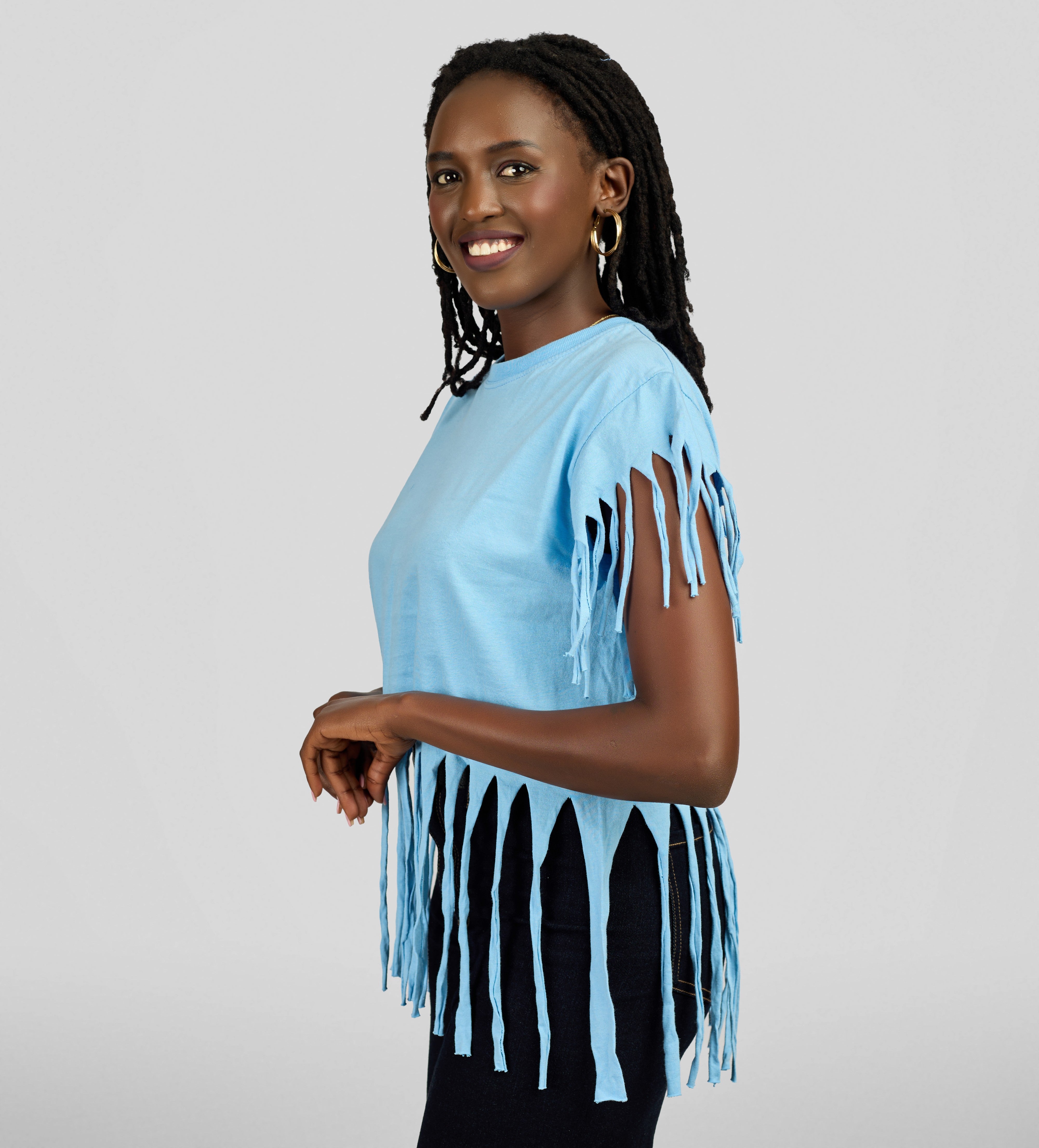 Women's Stylish Fringe Cyan T-Shirt Top - Casual Short Sleeve Statement Top — view 2