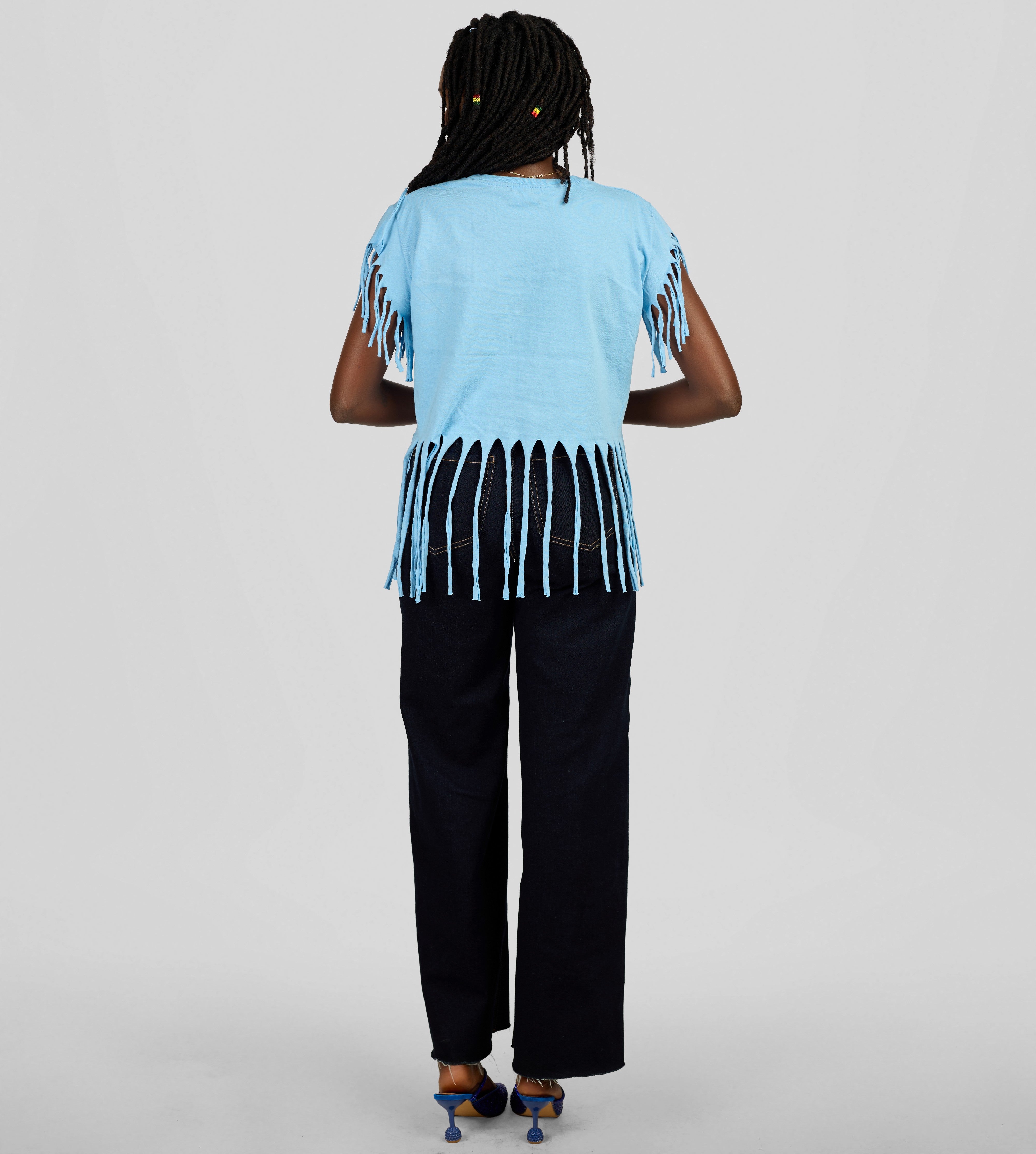 Women's Stylish Fringe Cyan T-Shirt Top - Casual Short Sleeve Statement Top — view 3