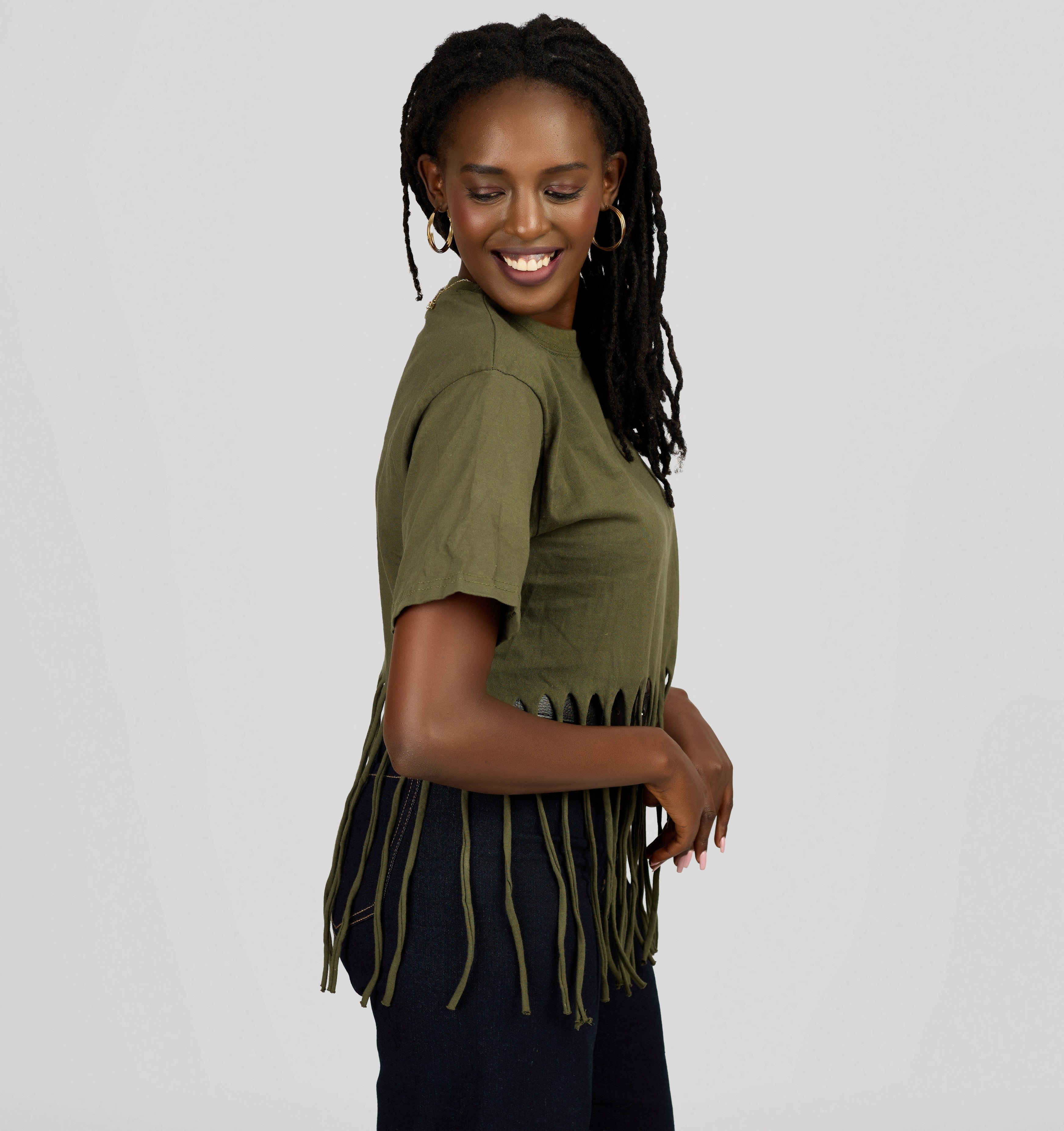Women's Stylish Fringe Olive Green T-Shirt Top - Casual Short Sleeve Statement Top