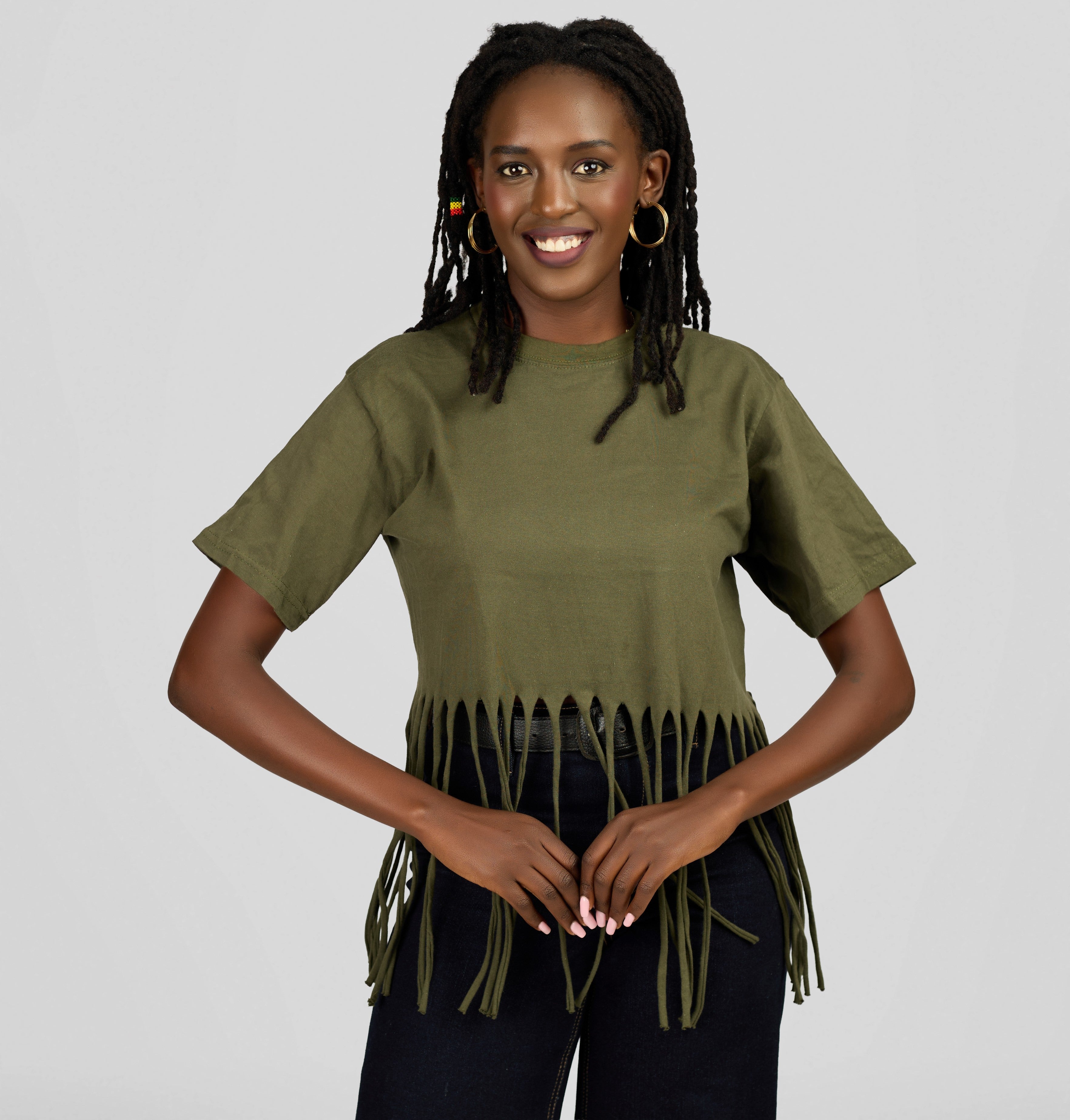 Women's Stylish Fringe Olive Green T-Shirt Top - Casual Short Sleeve Statement Top — view 2