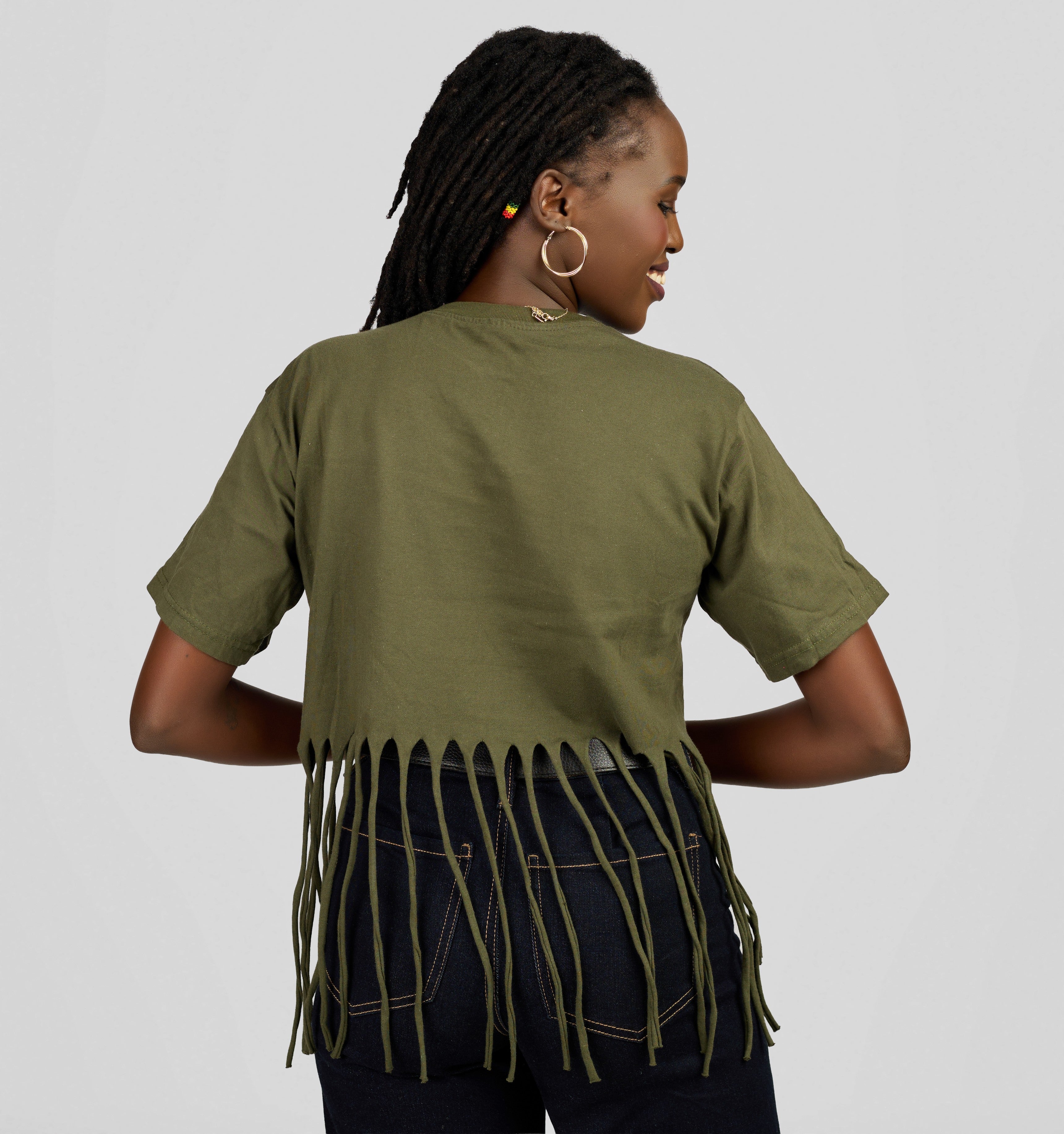 Women's Stylish Fringe Olive Green T-Shirt Top - Casual Short Sleeve Statement Top — view 3