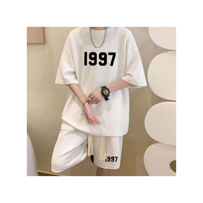 Women's White Waffle 1997 Short Sleeve T-shirt & Shorts Set - Loose Fit
