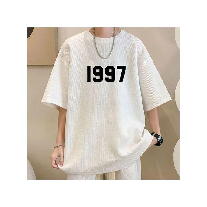 Women's White Waffle 1997 Short Sleeve T-shirt & Shorts Set - Loose Fit — view 2