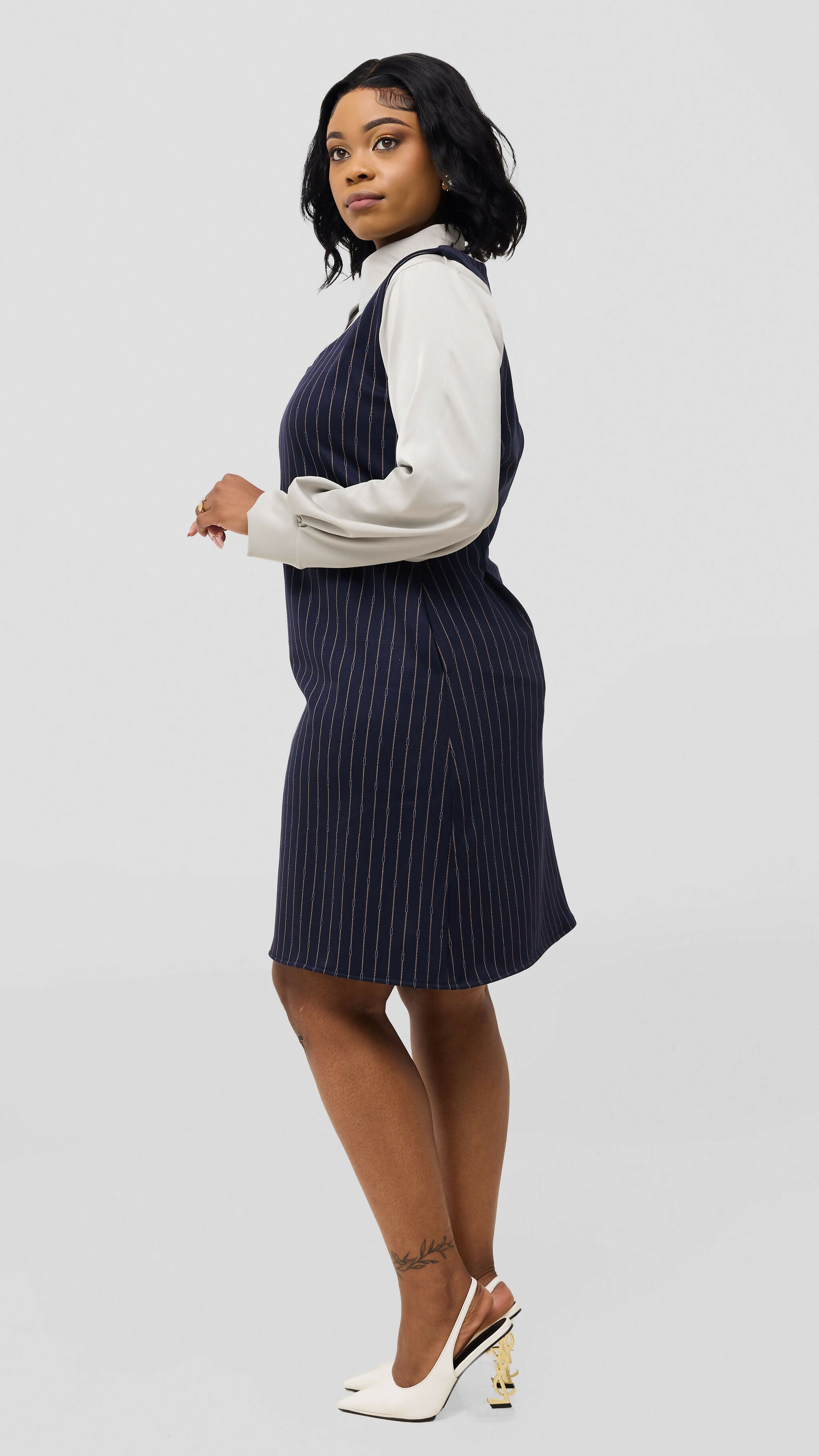 WSC Pambo Curvy Plus Size Amara Dress - Navy Blue Pinstripe — view 2