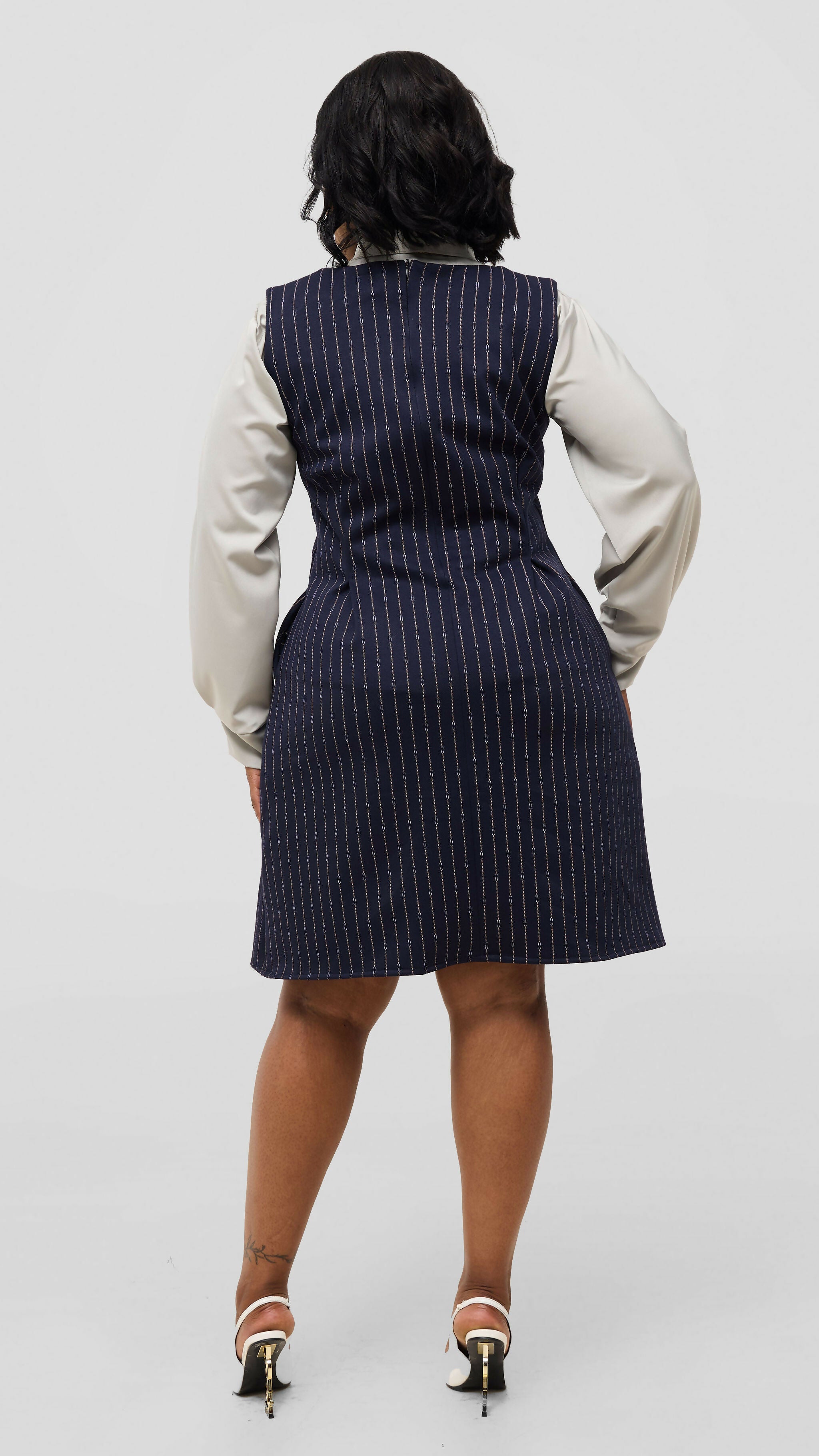 WSC Pambo Curvy Plus Size Amara Dress - Navy Blue Pinstripe — view 3
