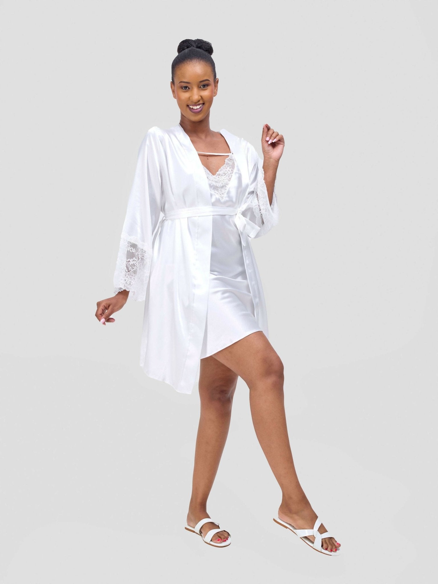 WSC Pambo Satin Short Robe And Gown Set - White